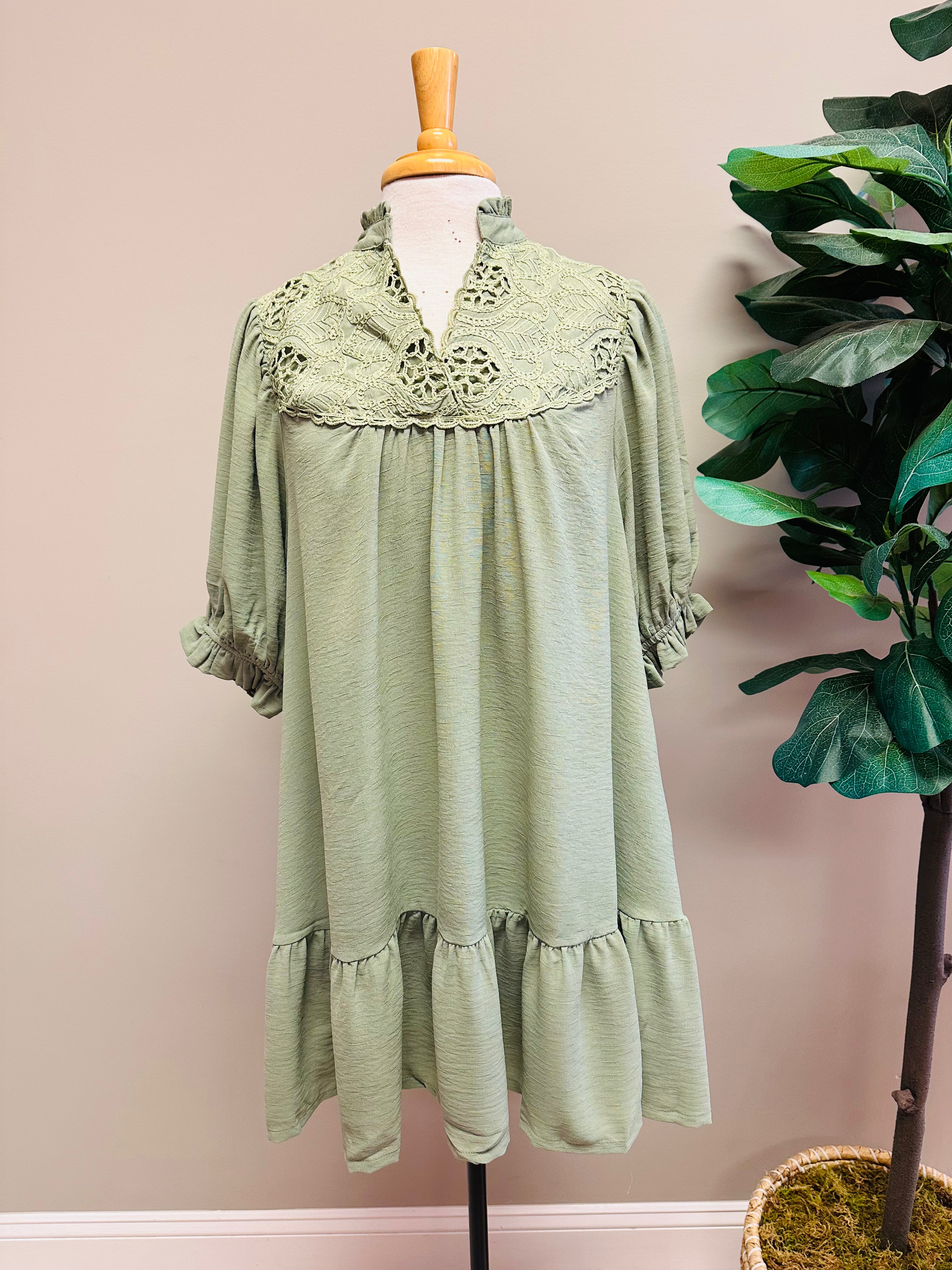 Women’s Umgee Sage Mini V Neck Dress with Lace Crochet Detail- Loose Fit