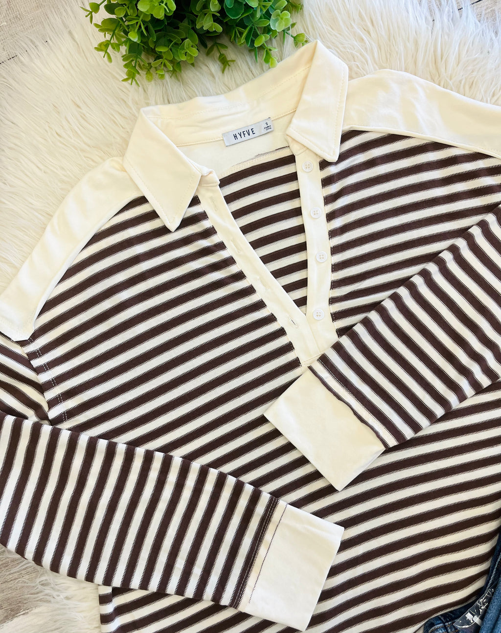 Women’s Brown & Cream Striped Henley Long Sleeve - True to Size
