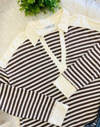 Women’s Brown & Cream Striped Henley Long Sleeve - True to Size