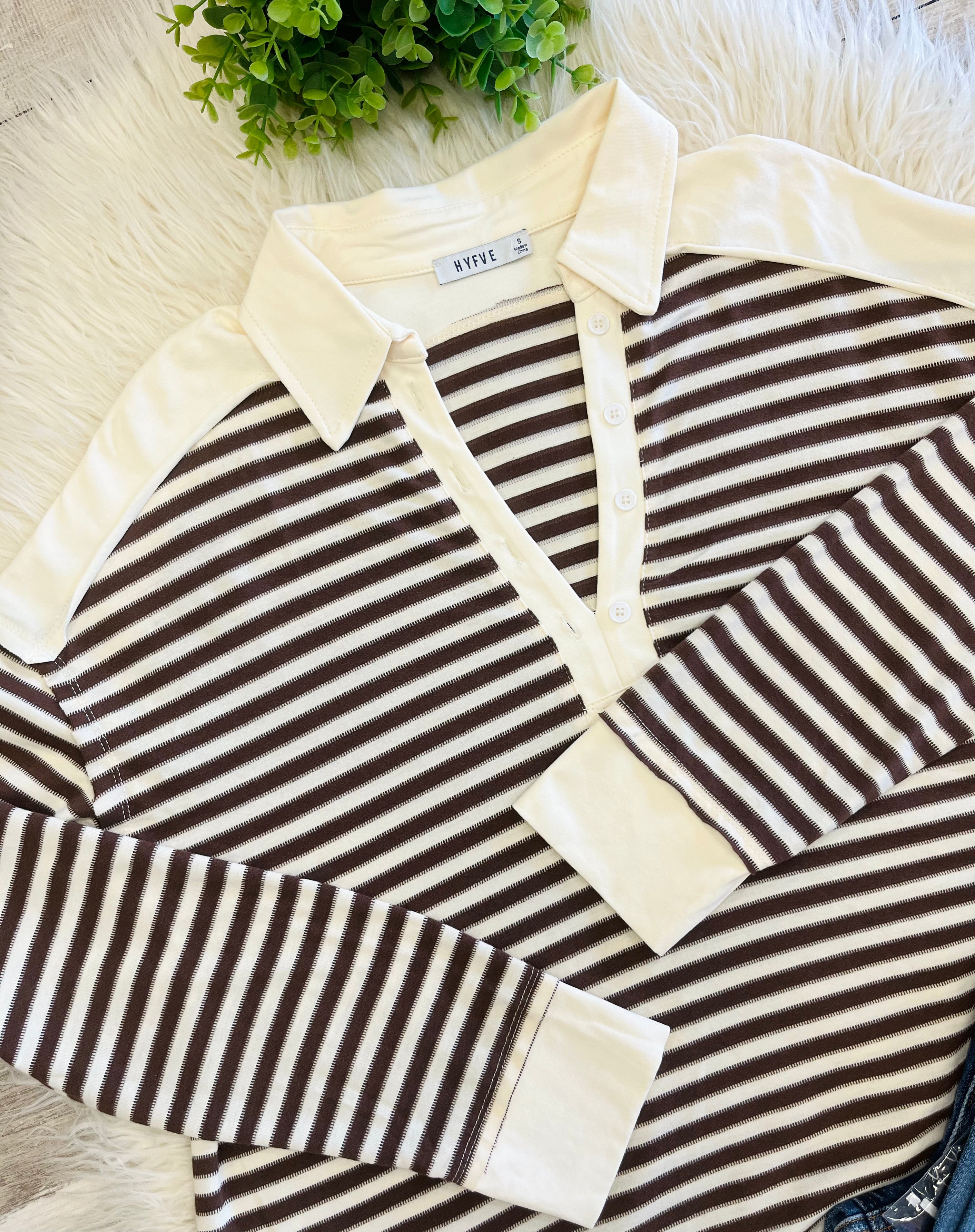 Women’s Brown & Cream Striped Henley Long Sleeve - True to Size