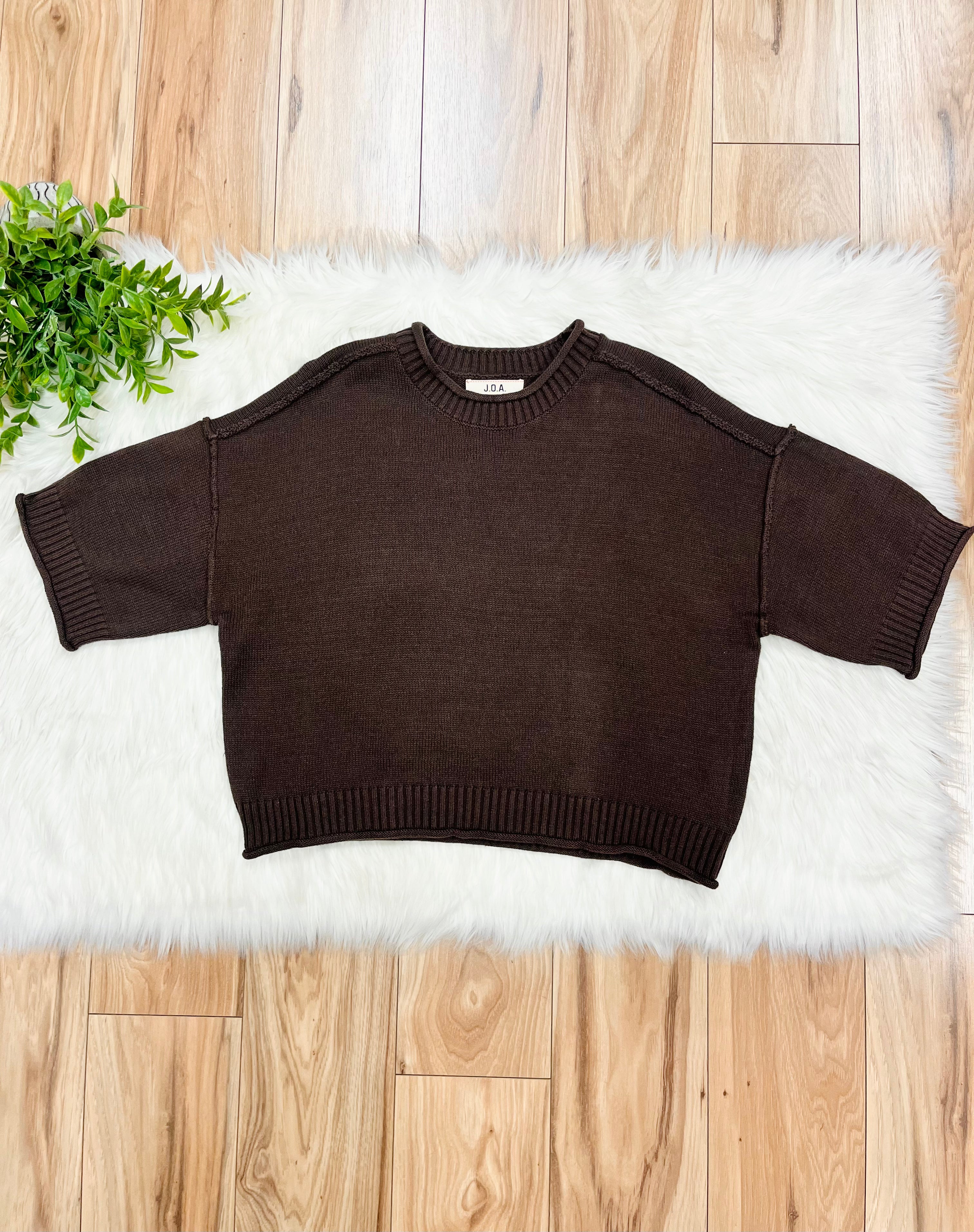 Women’s Chocolate Brown Exposed Seam Drop Shoulder Sweater Top by Blu Pepper- True to Size