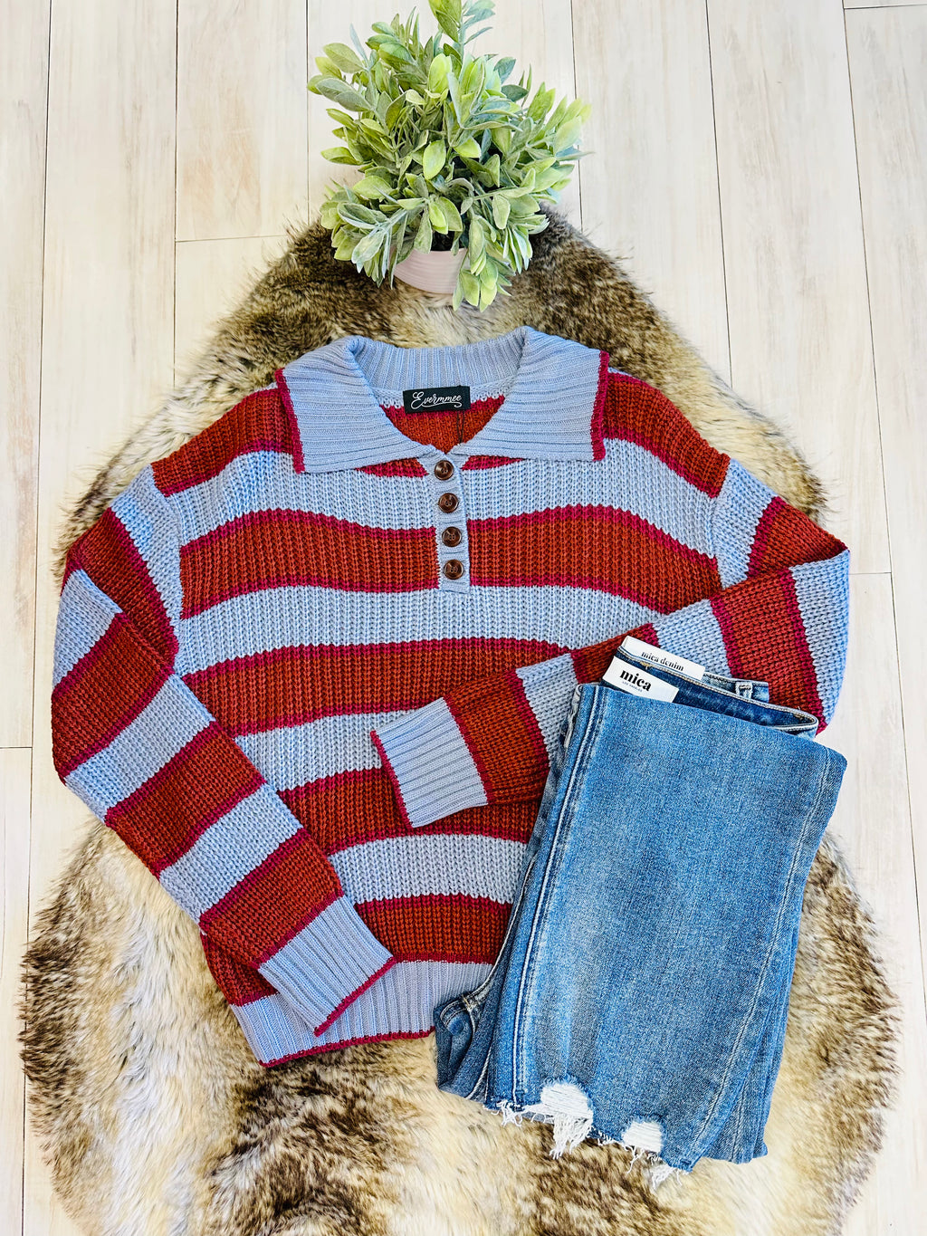 Women’s Evermmee Burnt Orange Stripe Sweater Top with Collar- True to Size