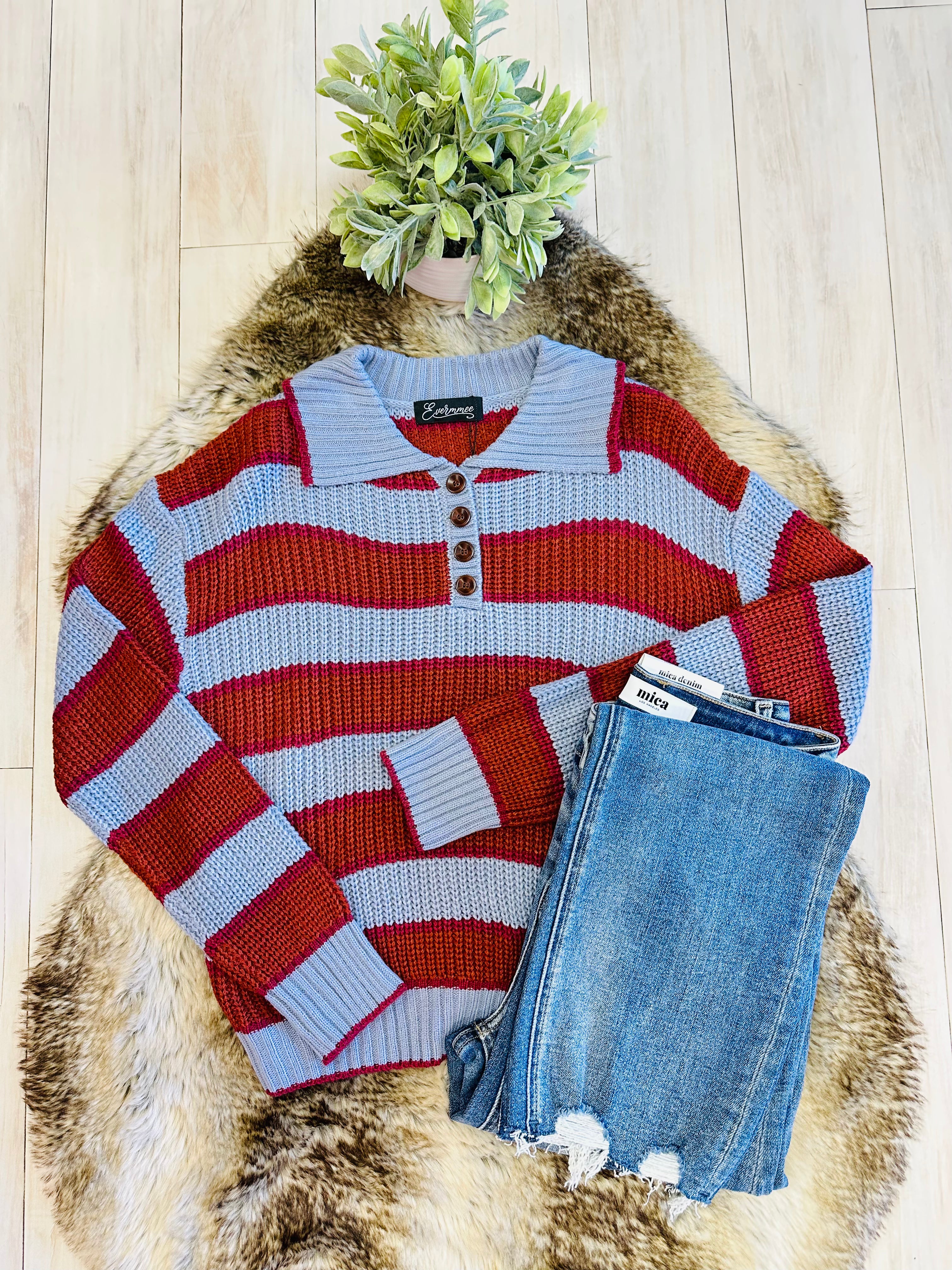 Women’s Evermmee Burnt Orange Stripe Sweater Top with Collar- True to Size