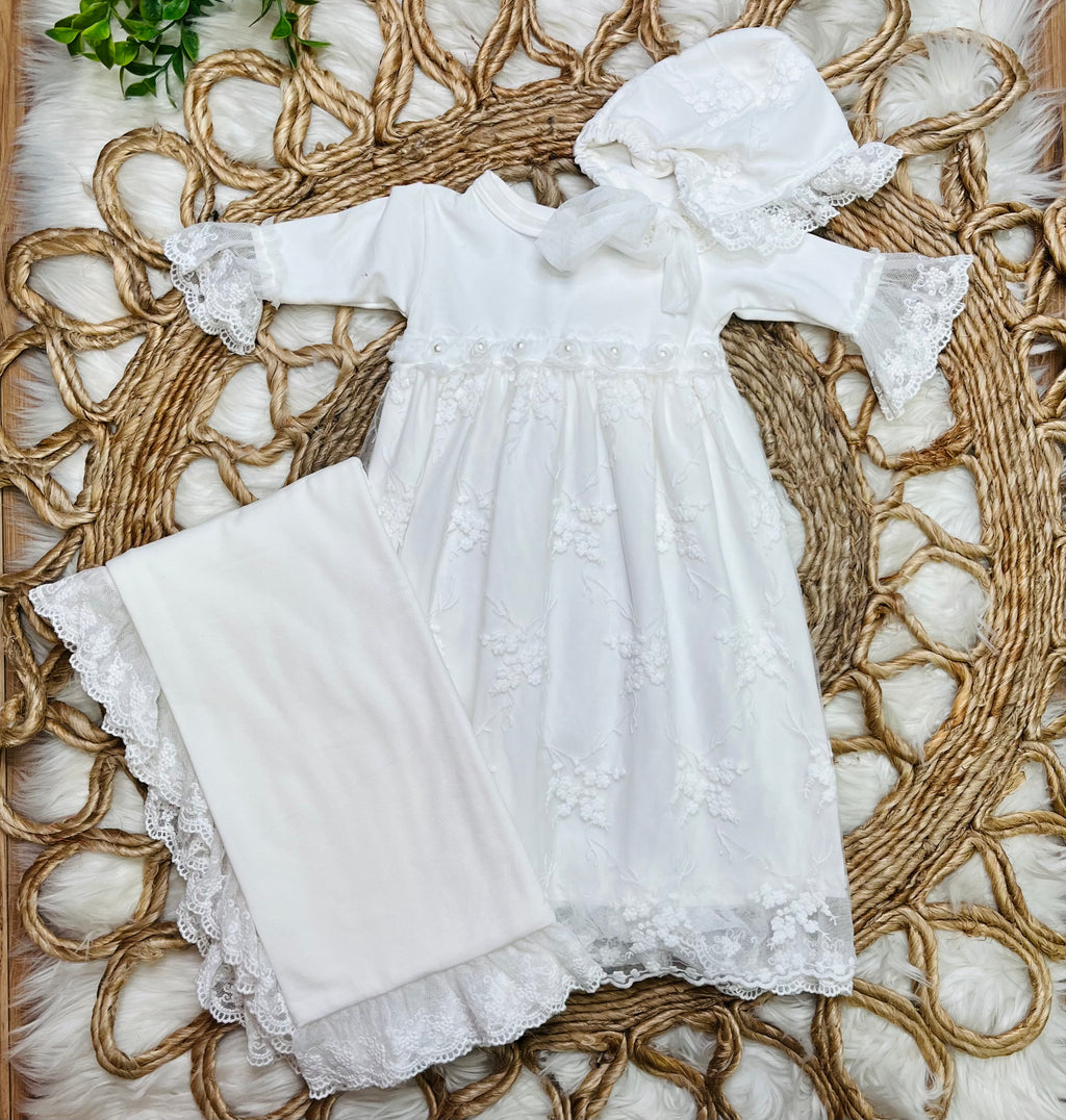 Girls Haute Baby White Anna Corine Gown, Bonnet, Blanket Set