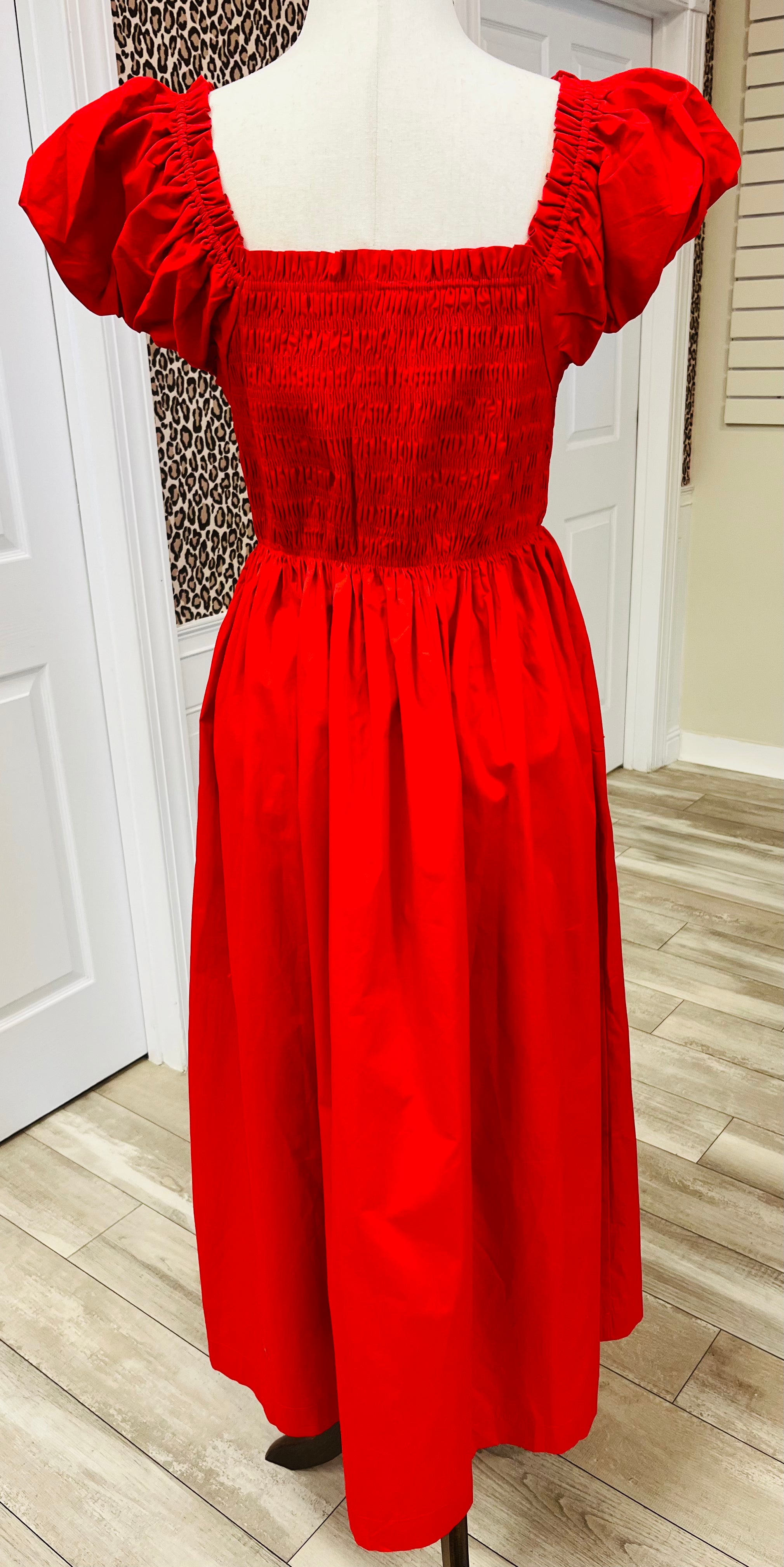 Women’s Red Smocked Square Neck Dress