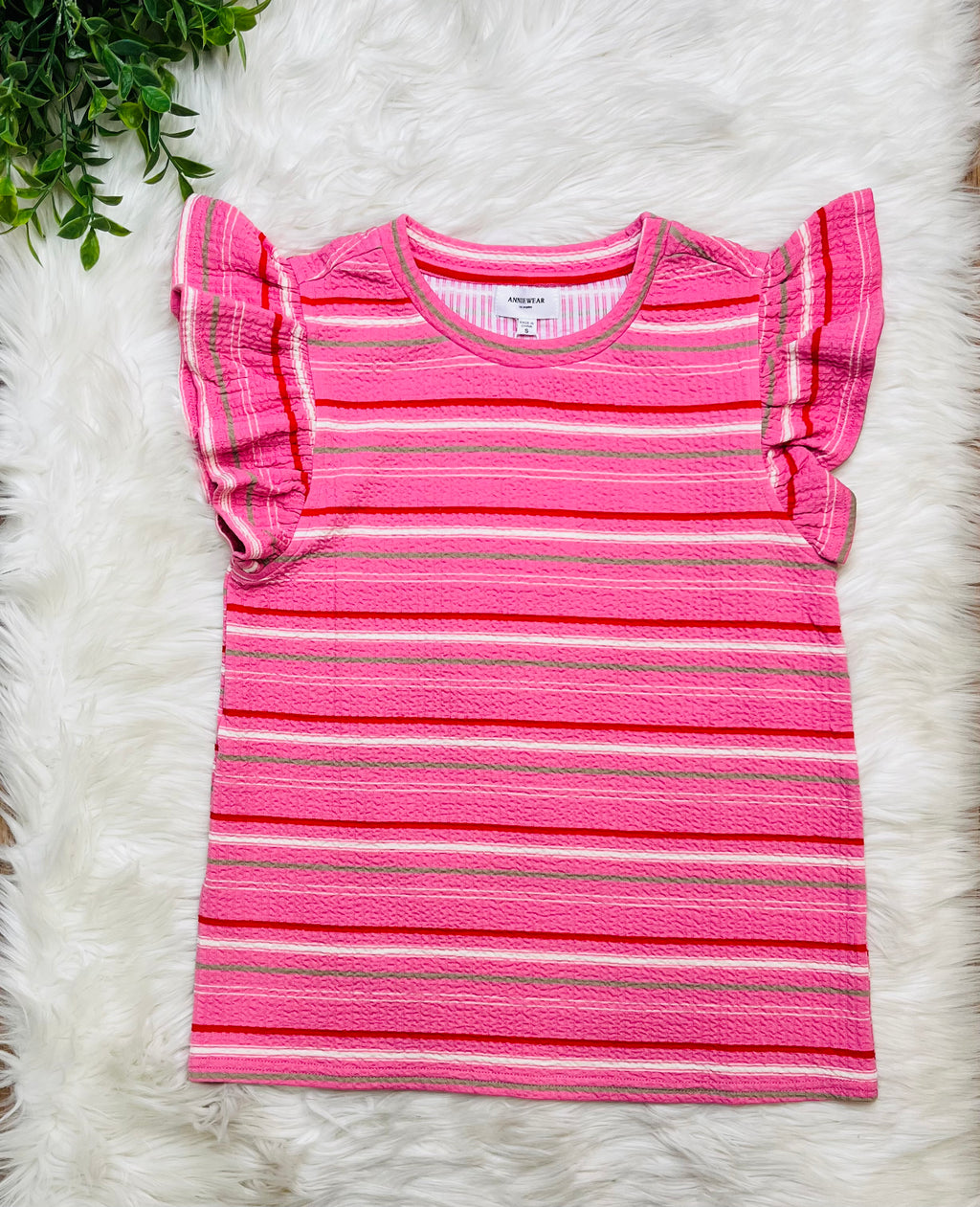 Women’s Multi Stripe Ruffle Sleeve Textured Top
