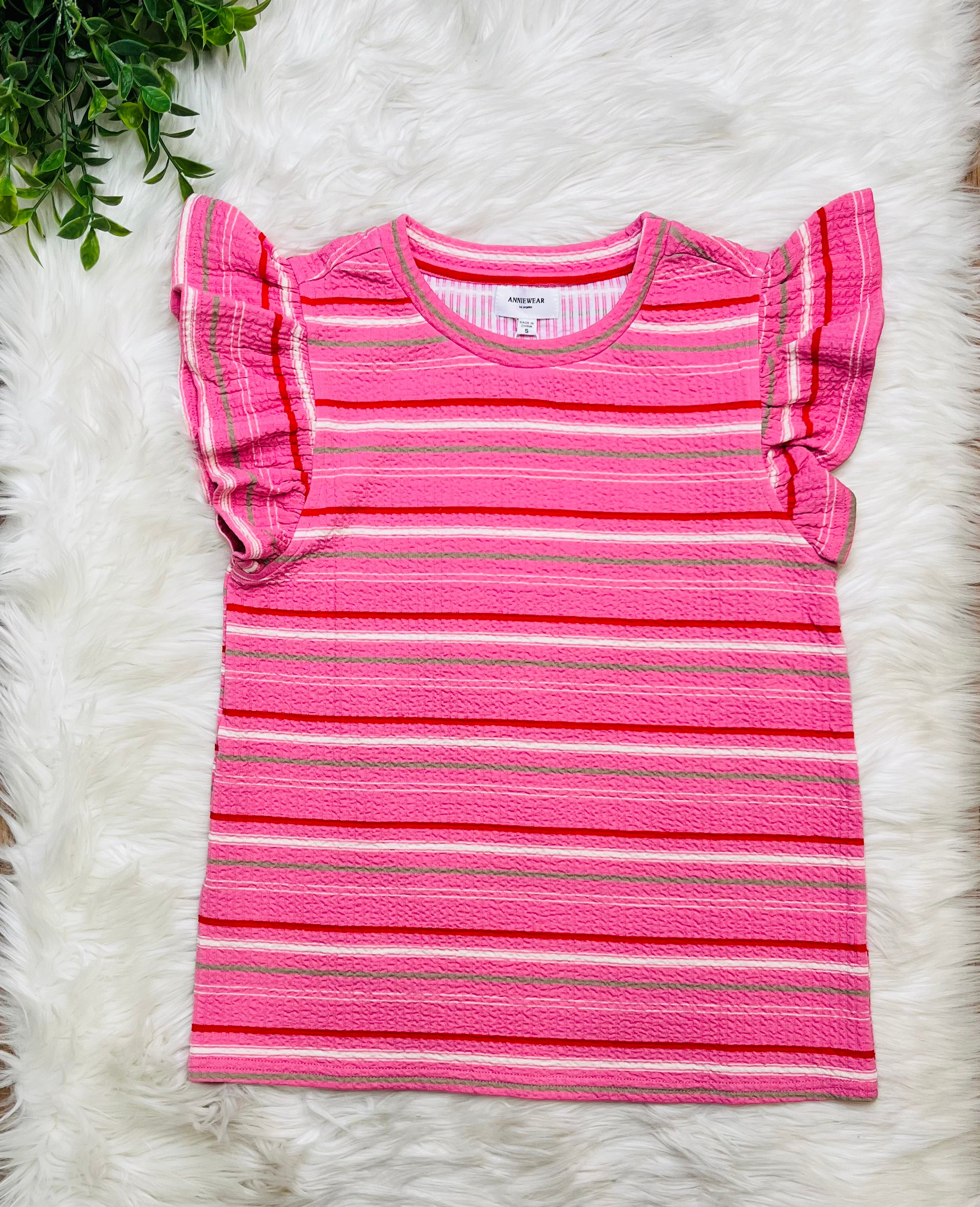 Women’s Multi Stripe Ruffle Sleeve Textured Top