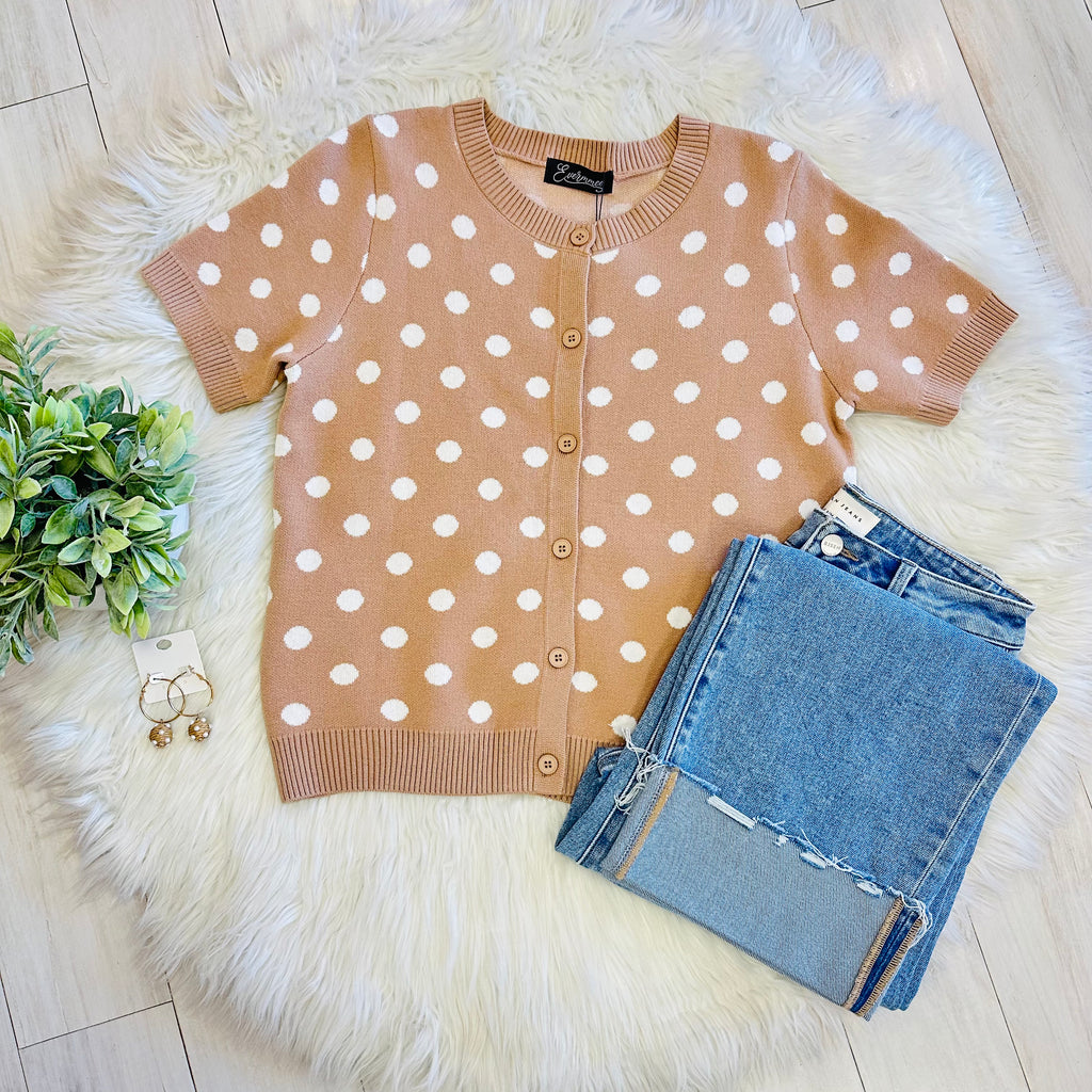 Women’s Evermmee Tan Button Down Sweater Top with White Polka Dots