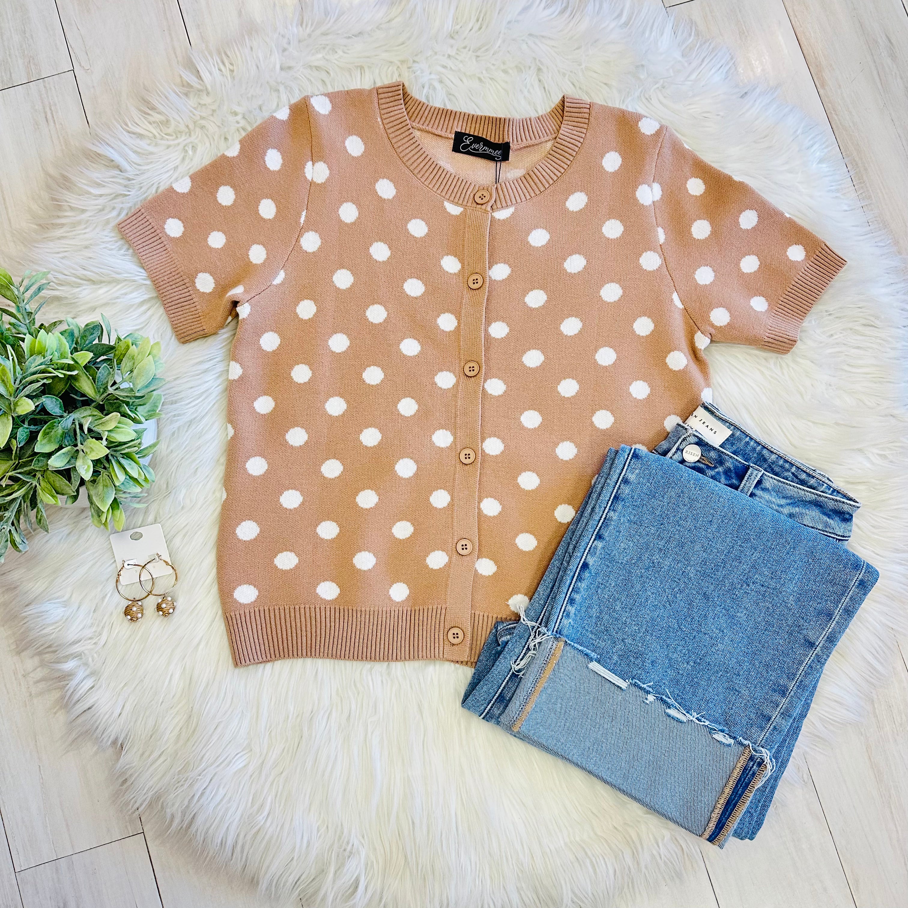 Women’s Evermmee Tan Button Down Sweater Top with White Polka Dots