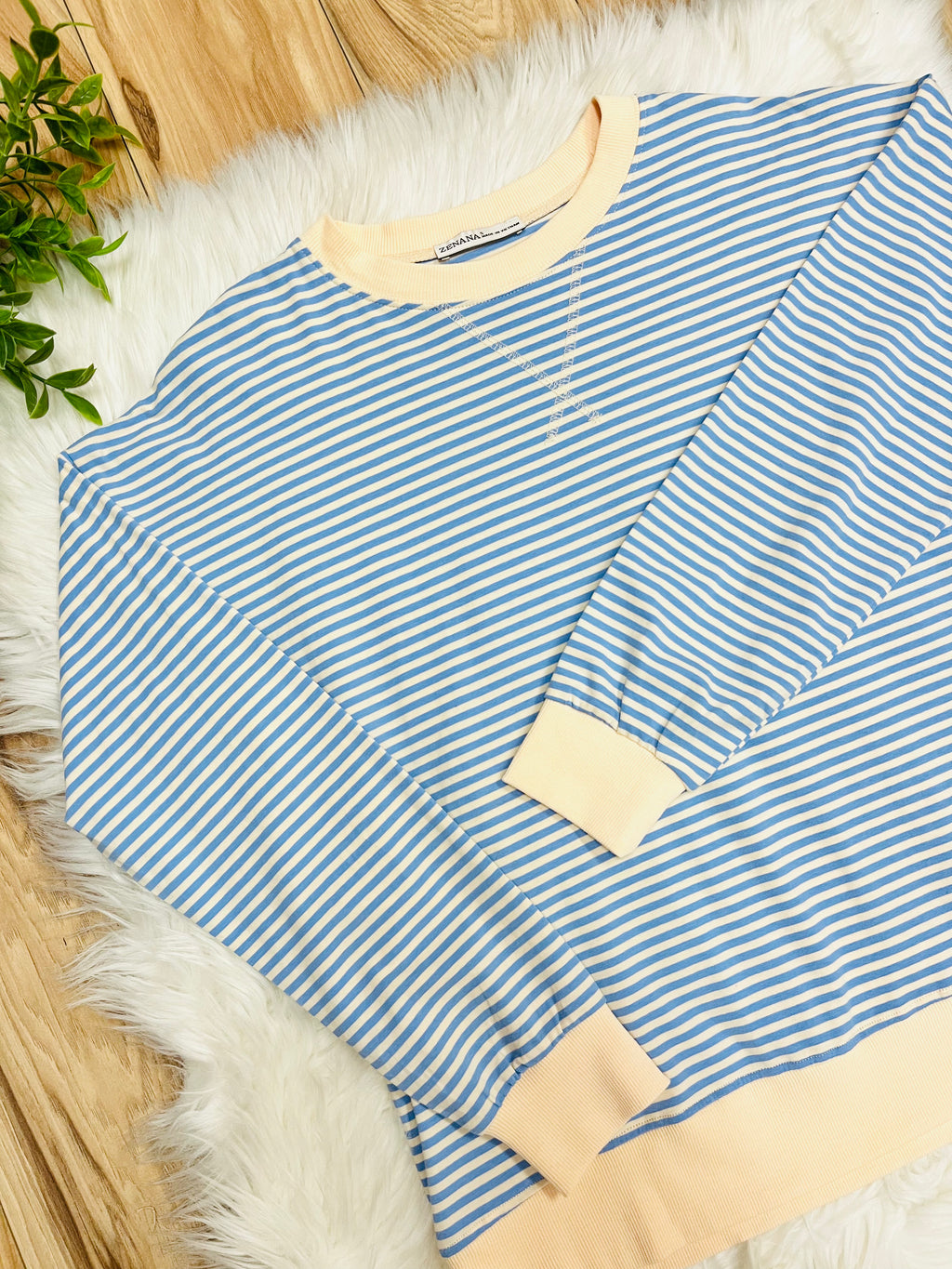 Women’s Zenana Light Blue and Yellow Stripe Long Sleeve Top