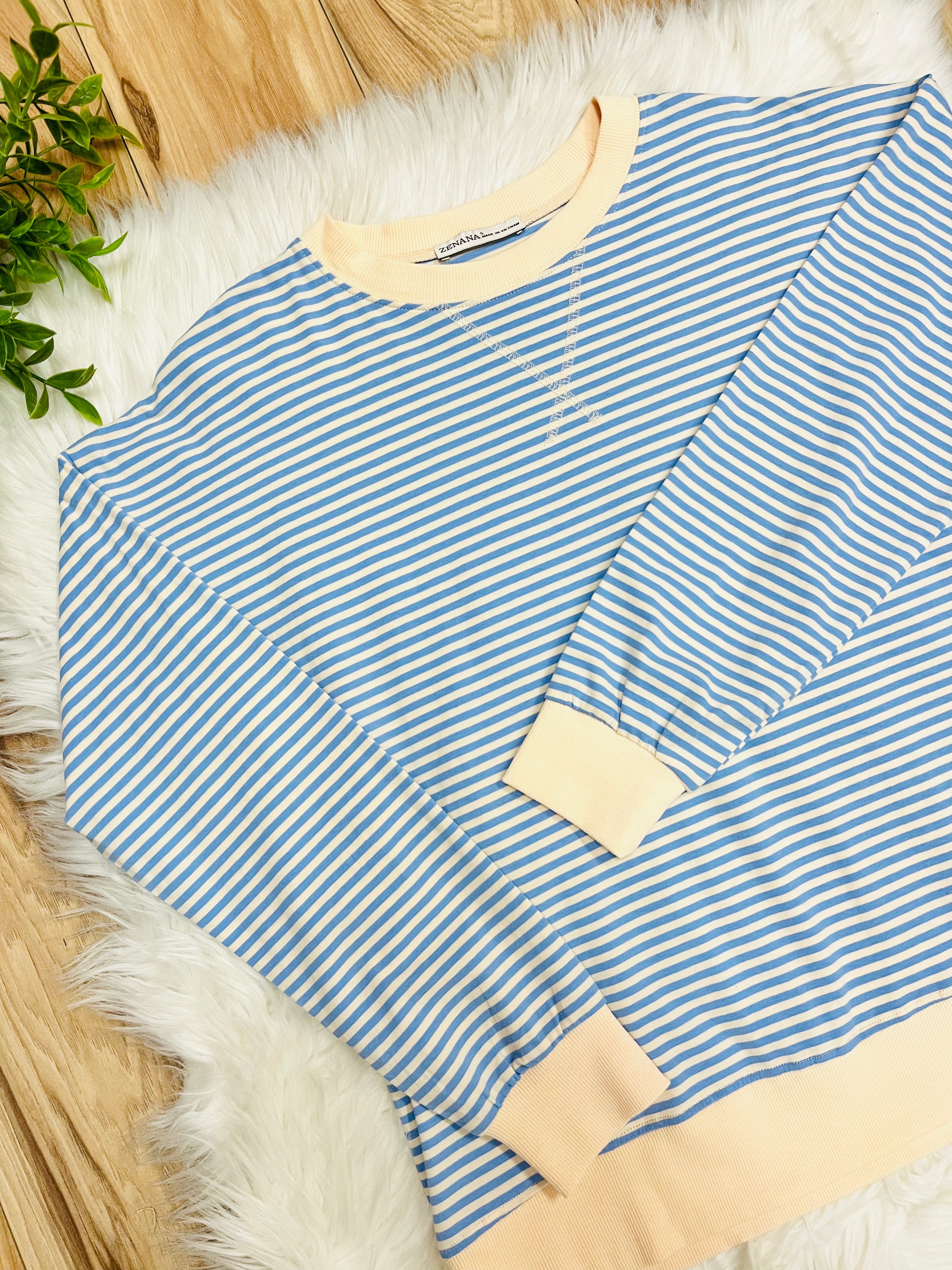 Women’s Zenana Light Blue and Yellow Stripe Long Sleeve Top