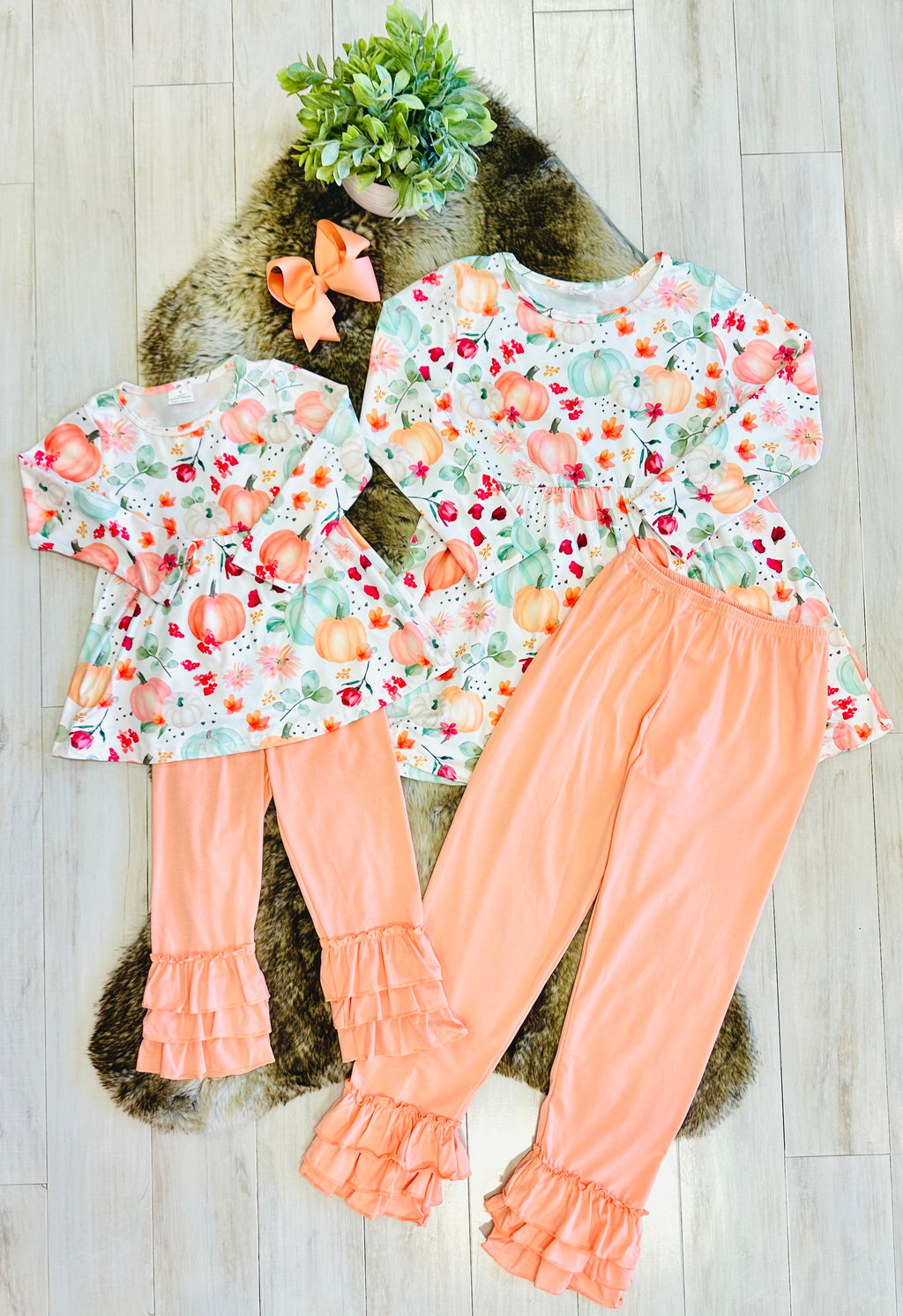 Girls Floral Pumpkin & Coral Outfit