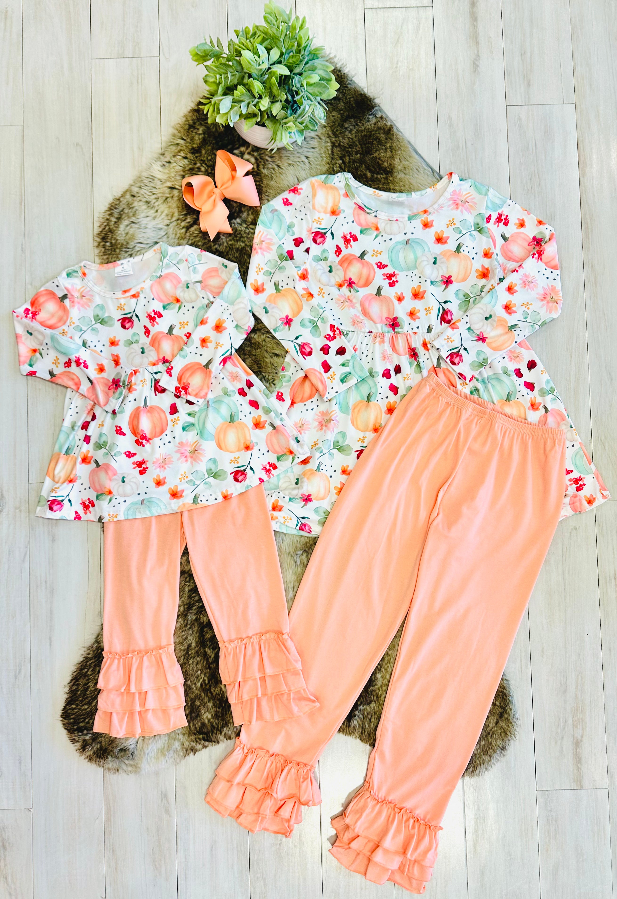 Girls Floral Pumpkin & Coral Outfit