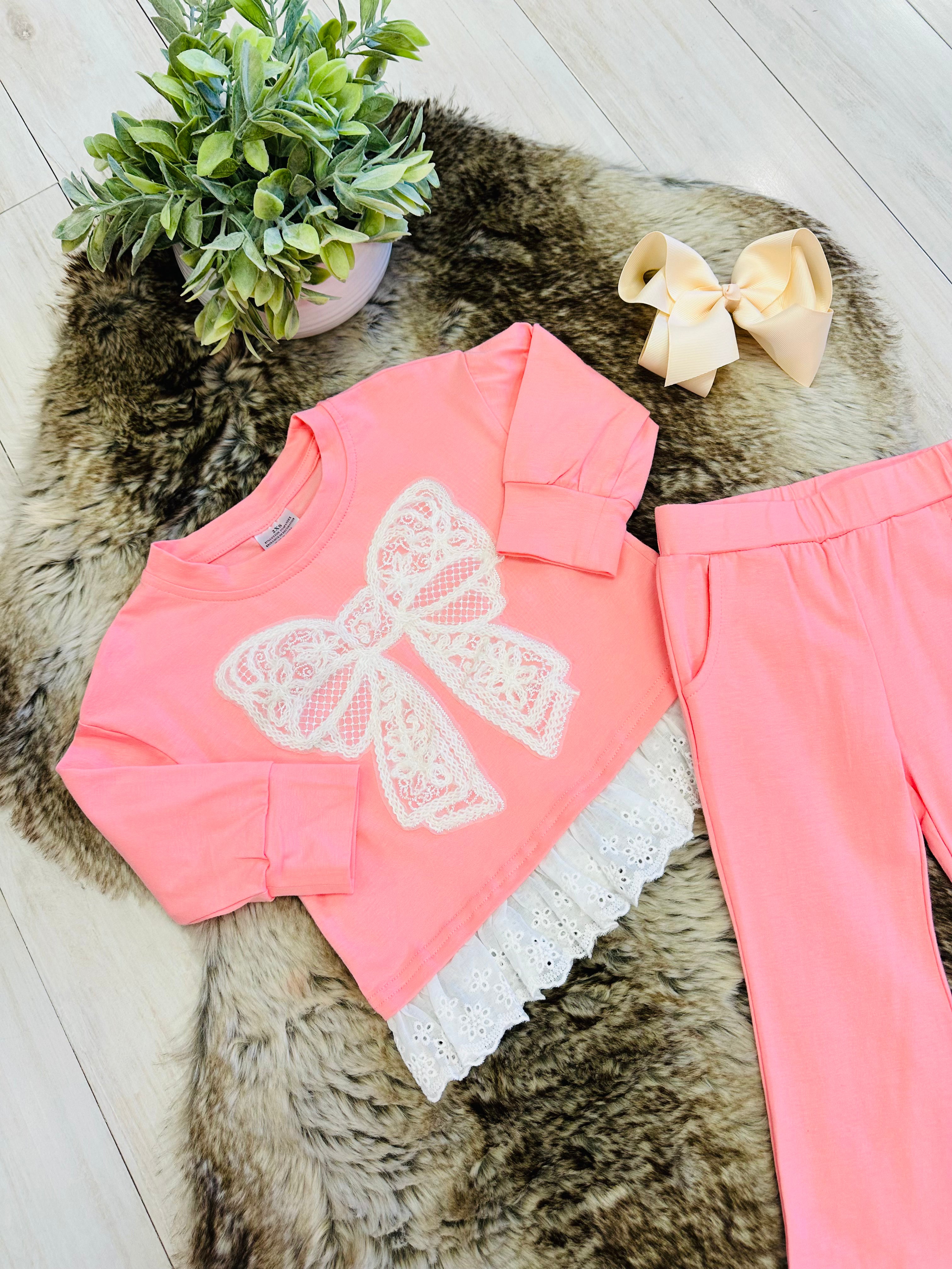 Girl’s Long Sleeve Pink Bow Outfit with Lace Detail
