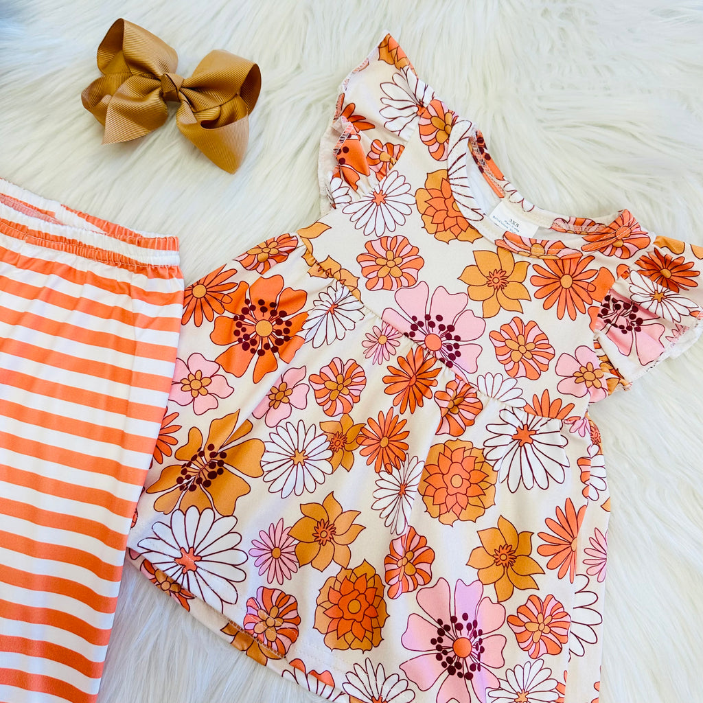 Girl’s Orange Floral and Stripe Set