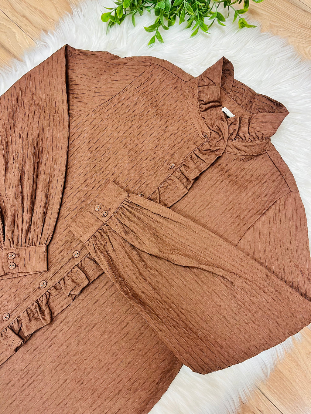 Women’s Jodifl Cocoa Textured Long Sleeve Button Down Top- True to Size