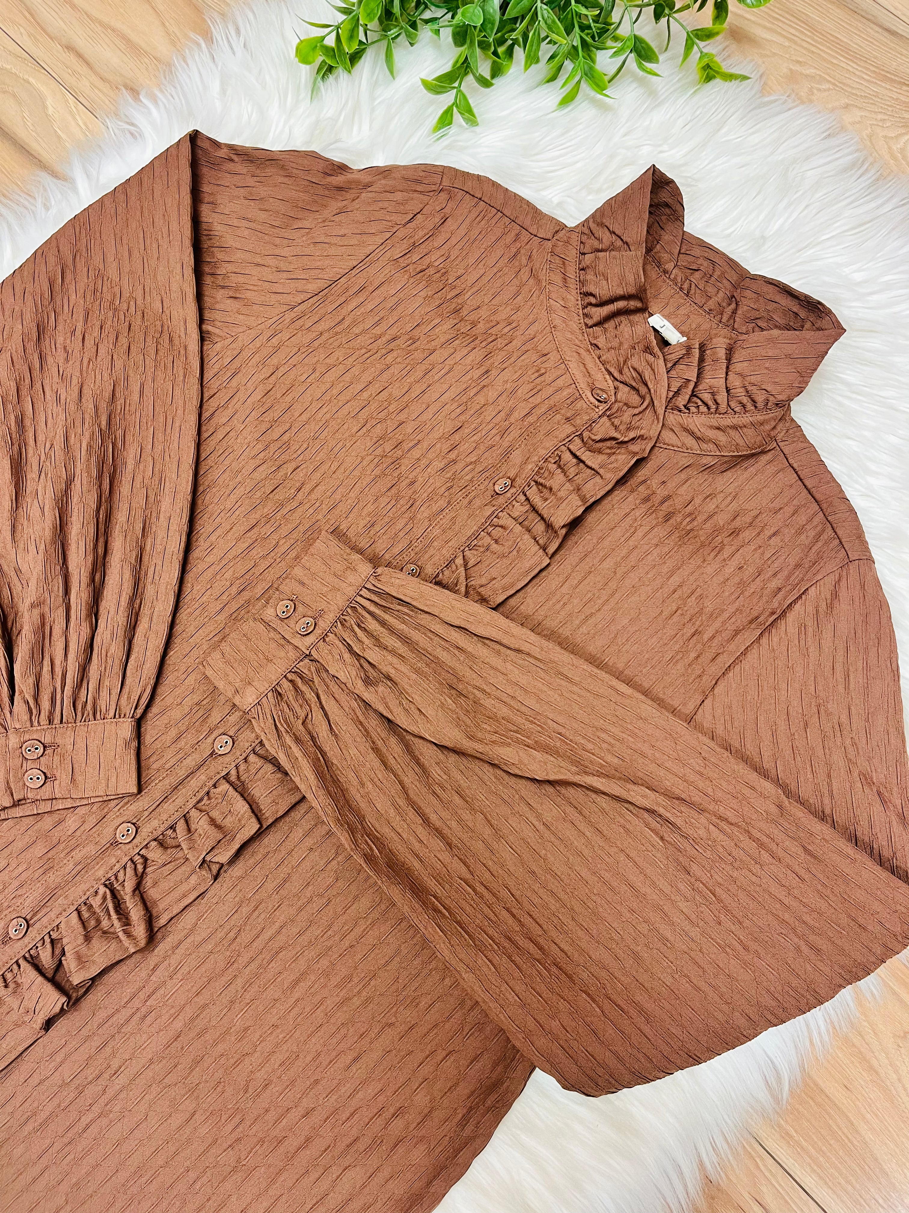 Women’s Jodifl Cocoa Textured Long Sleeve Button Down Top- True to Size