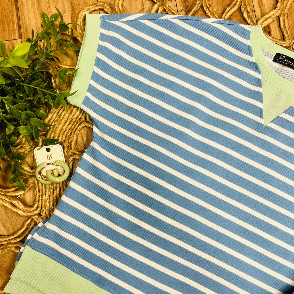 Women’s Evermmee Blue Top with White Stripes and Light Green Trim