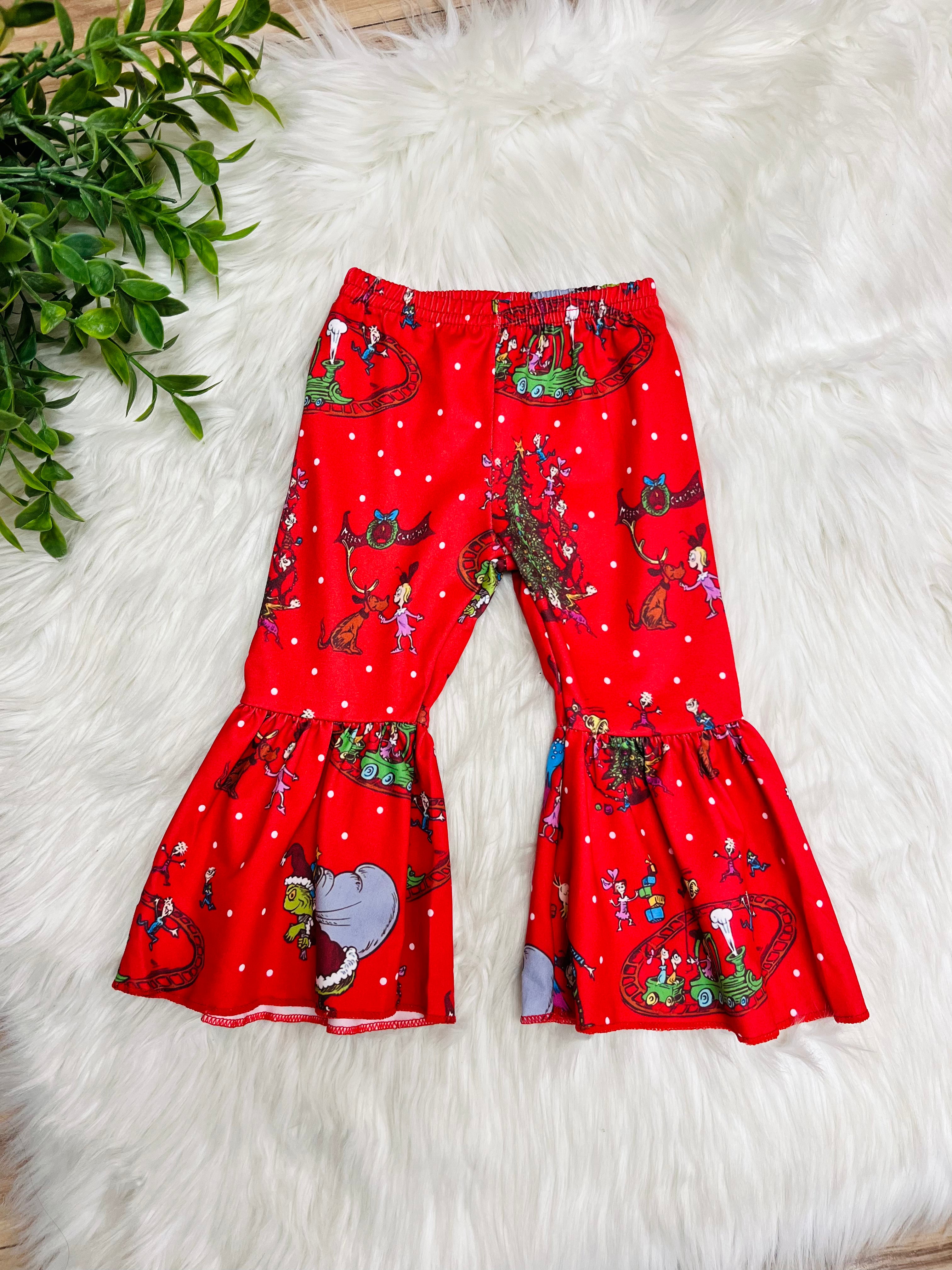 Girl’s Grinch Flare Pant Outfit with Ruffles