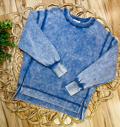 Zenana Acid Wash Blue Pullover - Mini Mee Boutique