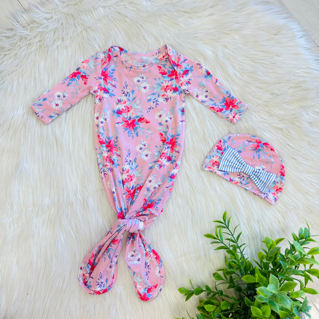 Girl’s Pretty in Pink Floral Knotted Gown and Hat Set