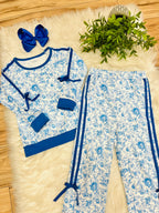 Girl’s Blue Floral Outfit with Bow Ties