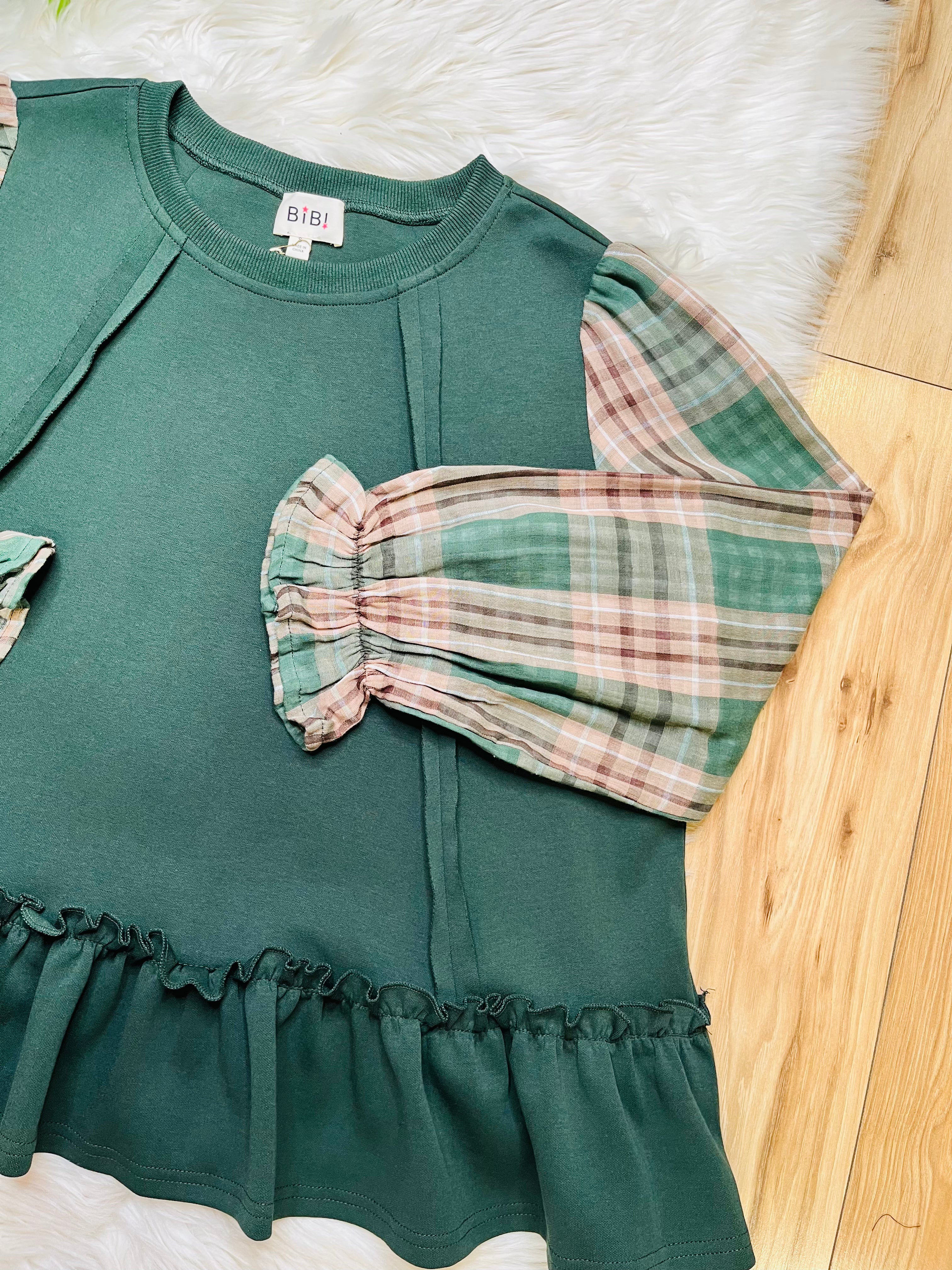 Women’s Bibi Olive Plaid Ruffle Top- Oversized