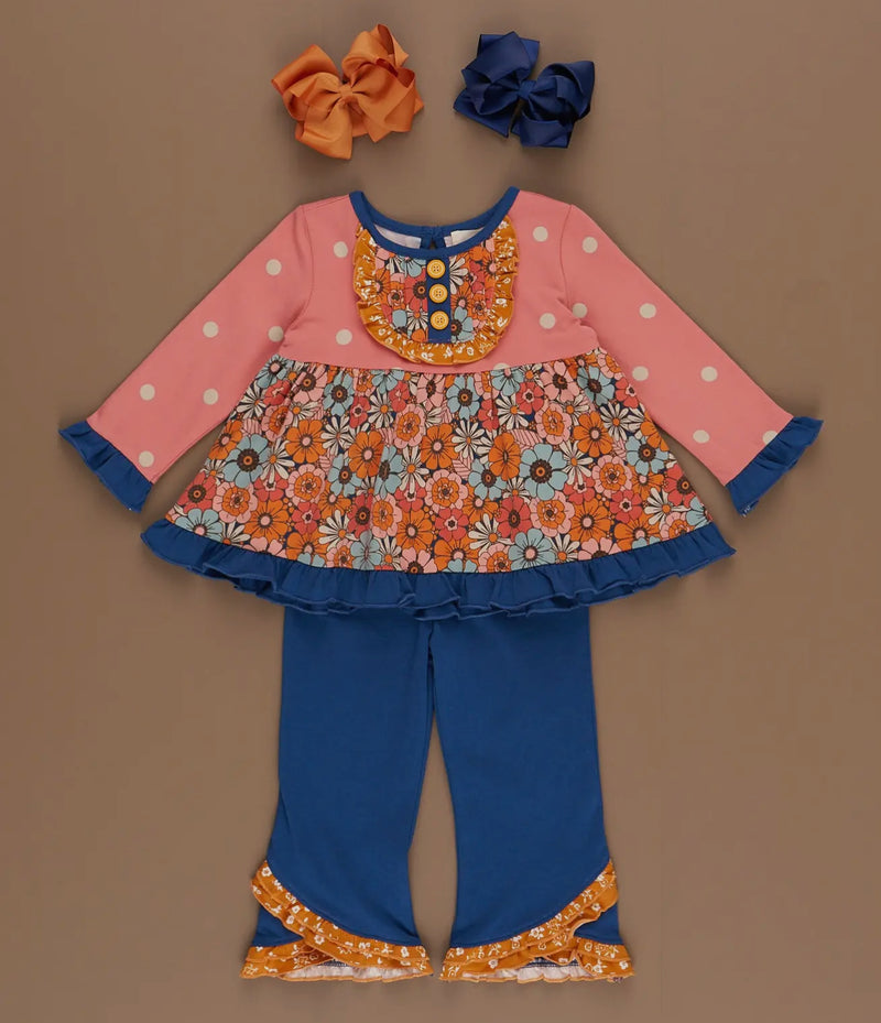 Fall Floral Girls Ruffle Trim Outfit