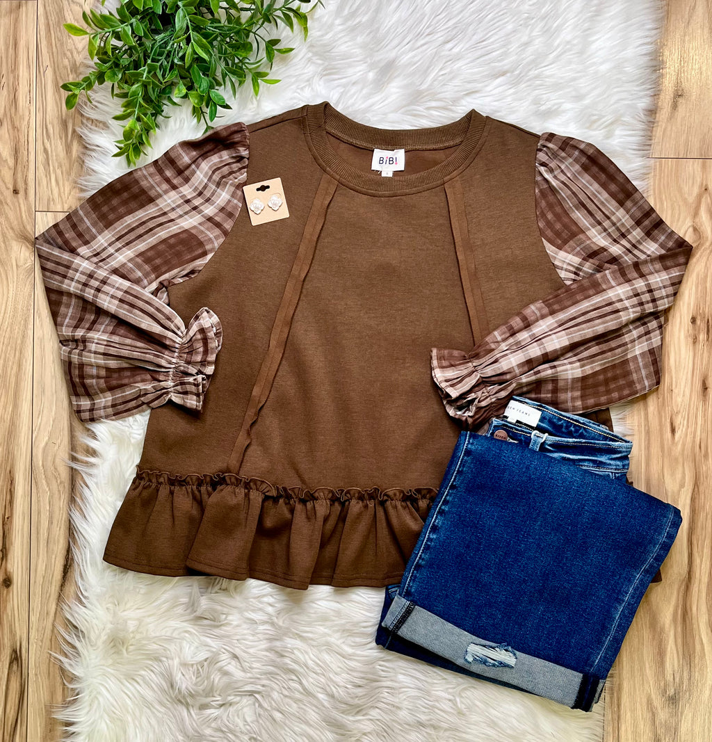 Women’s Bibi Mocha Plaid Ruffle Top- Oversized