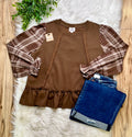 Women’s Bibi Mocha Plaid Ruffle Top- Oversized