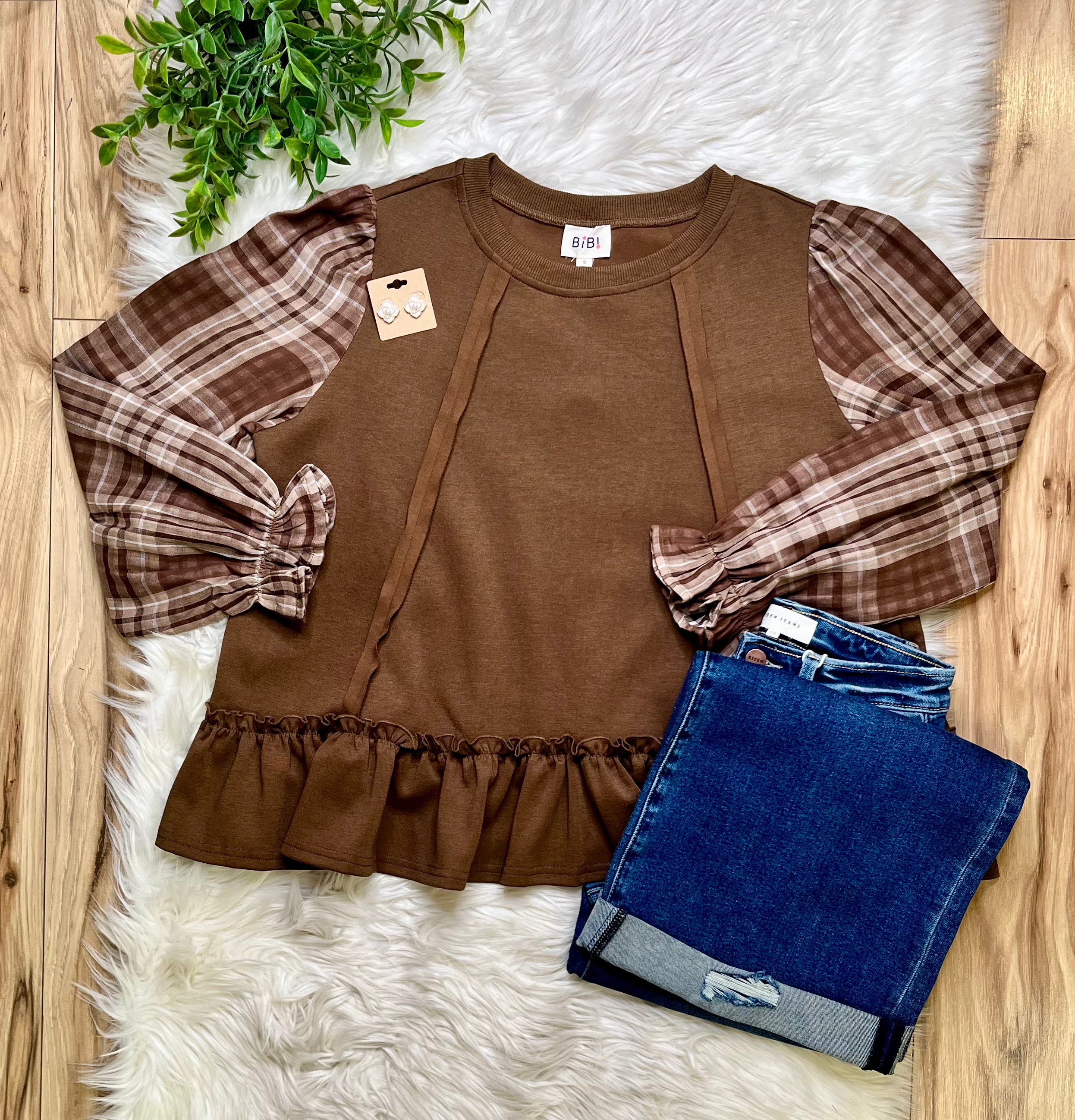 Women’s Bibi Mocha Plaid Ruffle Top- Oversized