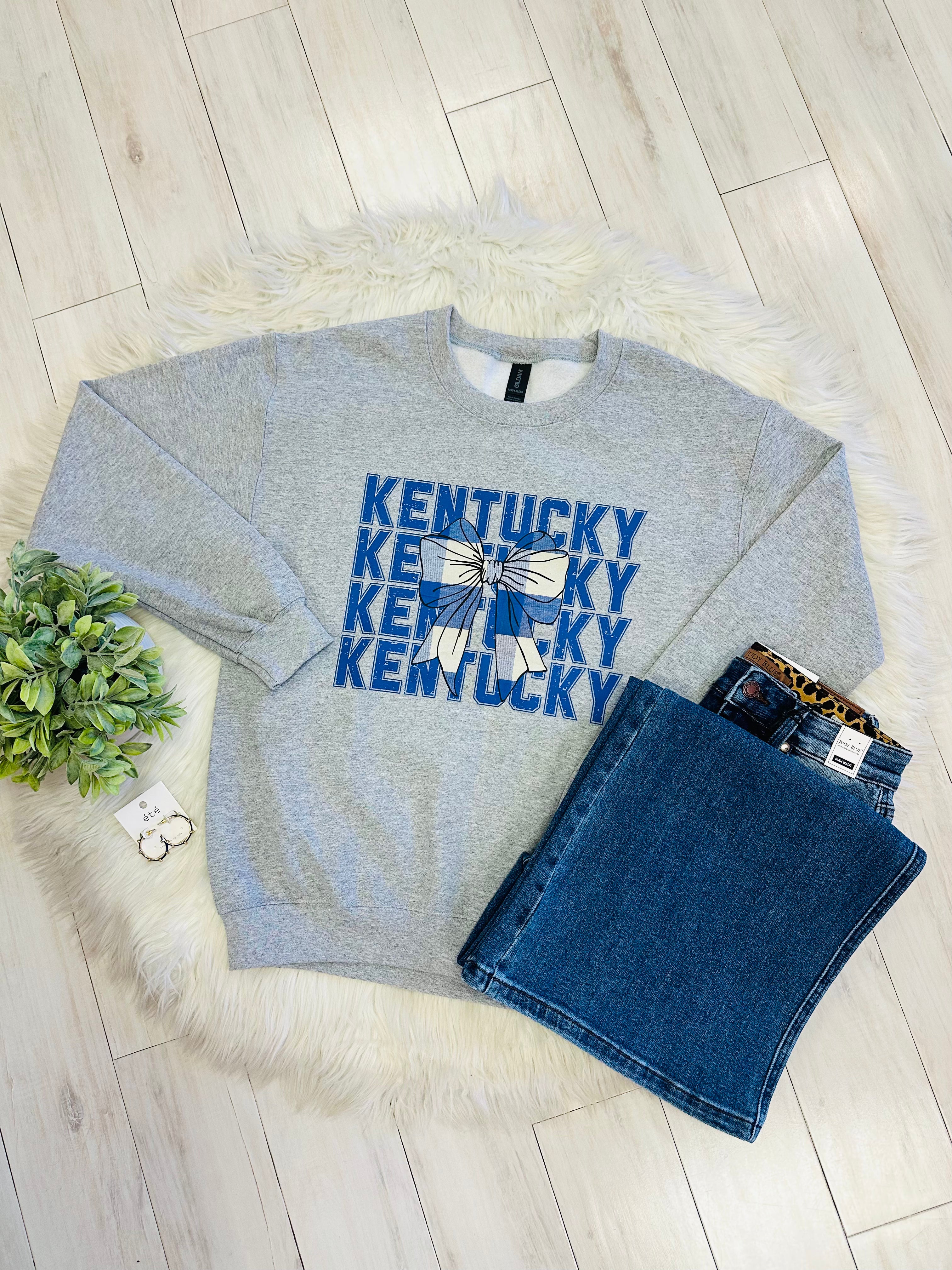 Women’s Grey & Blue Kentucky Crewneck Top with Bow Detail