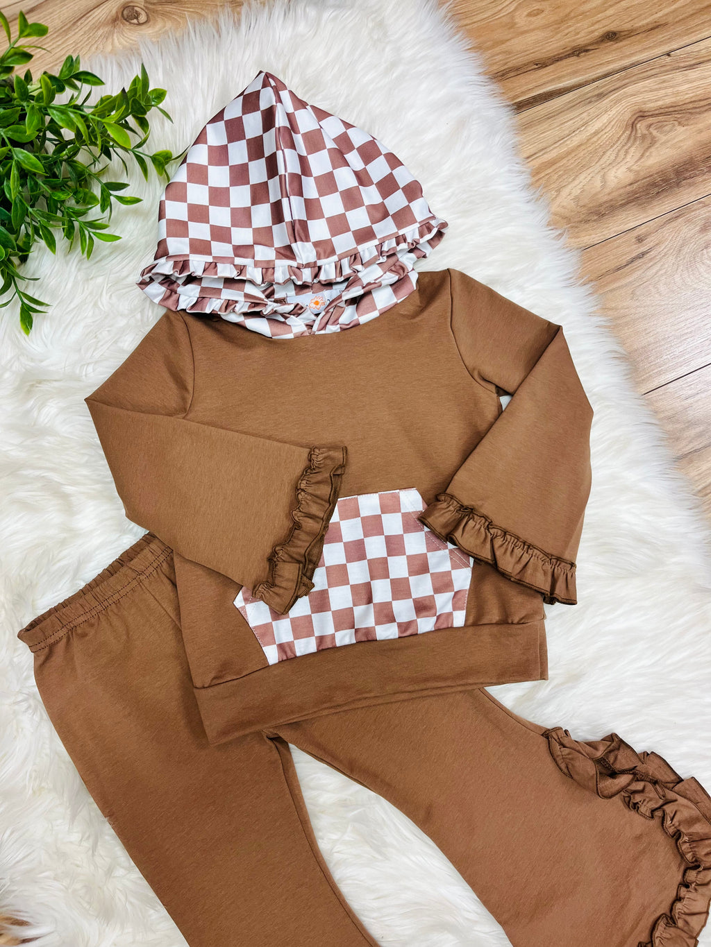 Girl’s Brown Check Hooded Outfit with Ruffle Trim