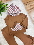 Girl’s Brown Check Hooded Outfit with Ruffle Trim