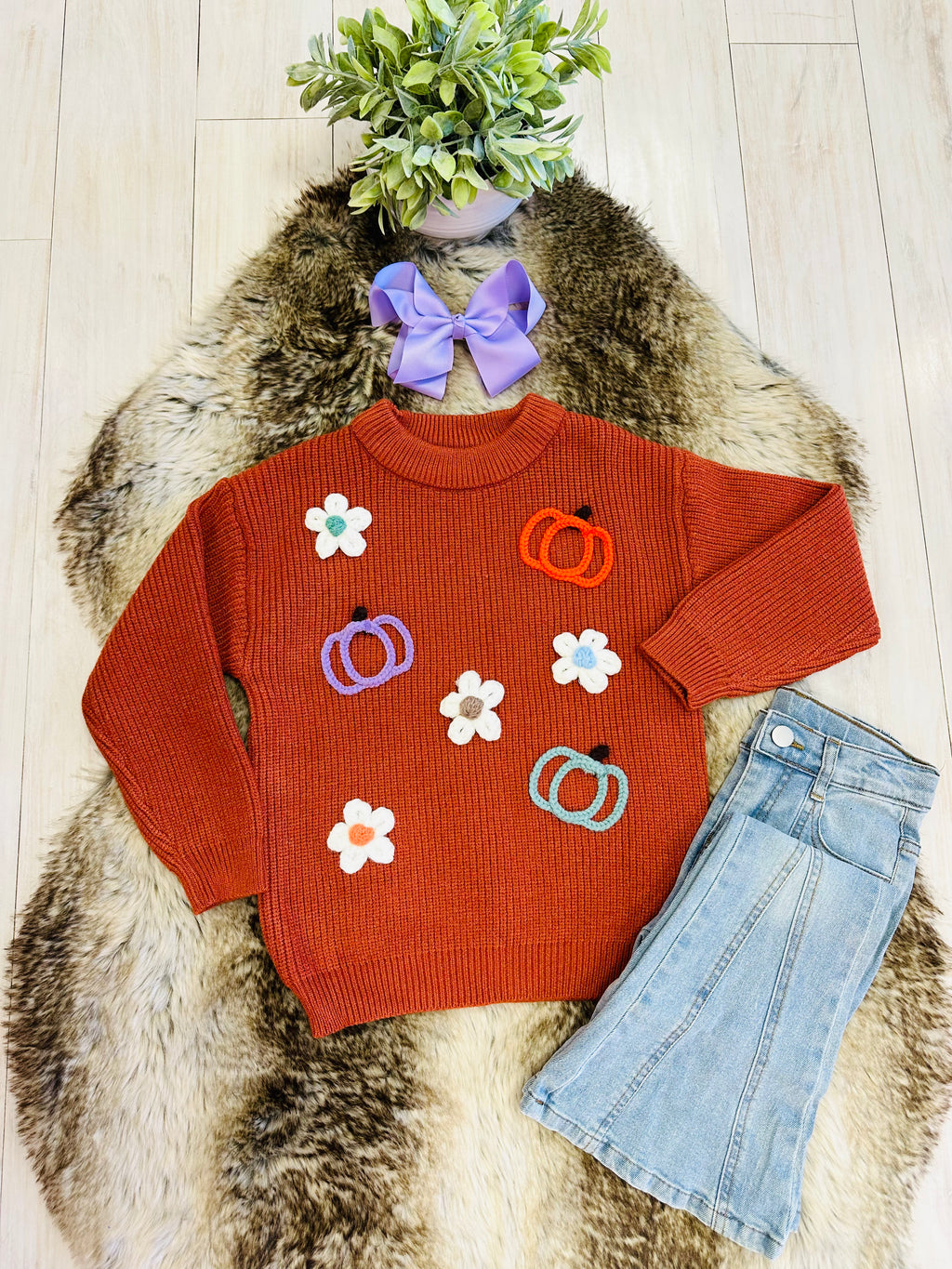 Girl’s Burnt Orange Fall Knit Sweater Top with Pumpkin and Flower Details