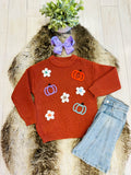 Girl’s Burnt Orange Fall Knit Sweater Top with Pumpkin and Flower Details