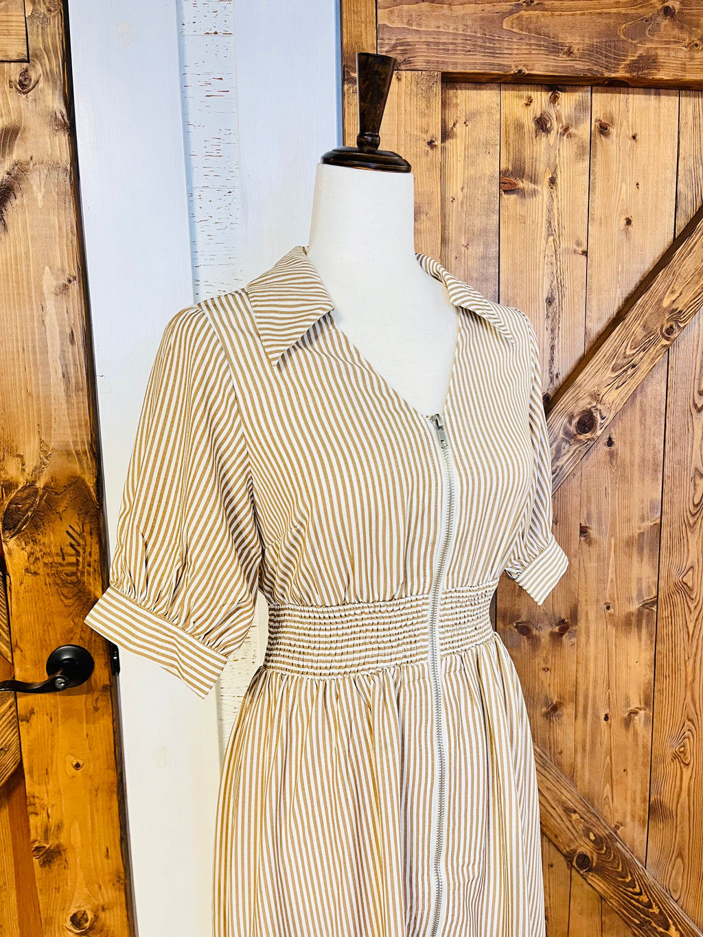 Women’s Umgee Latte Striped Midi Dress with Front Zipper- True to Size
