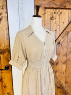 Women’s Umgee Latte Striped Midi Dress with Front Zipper- True to Size