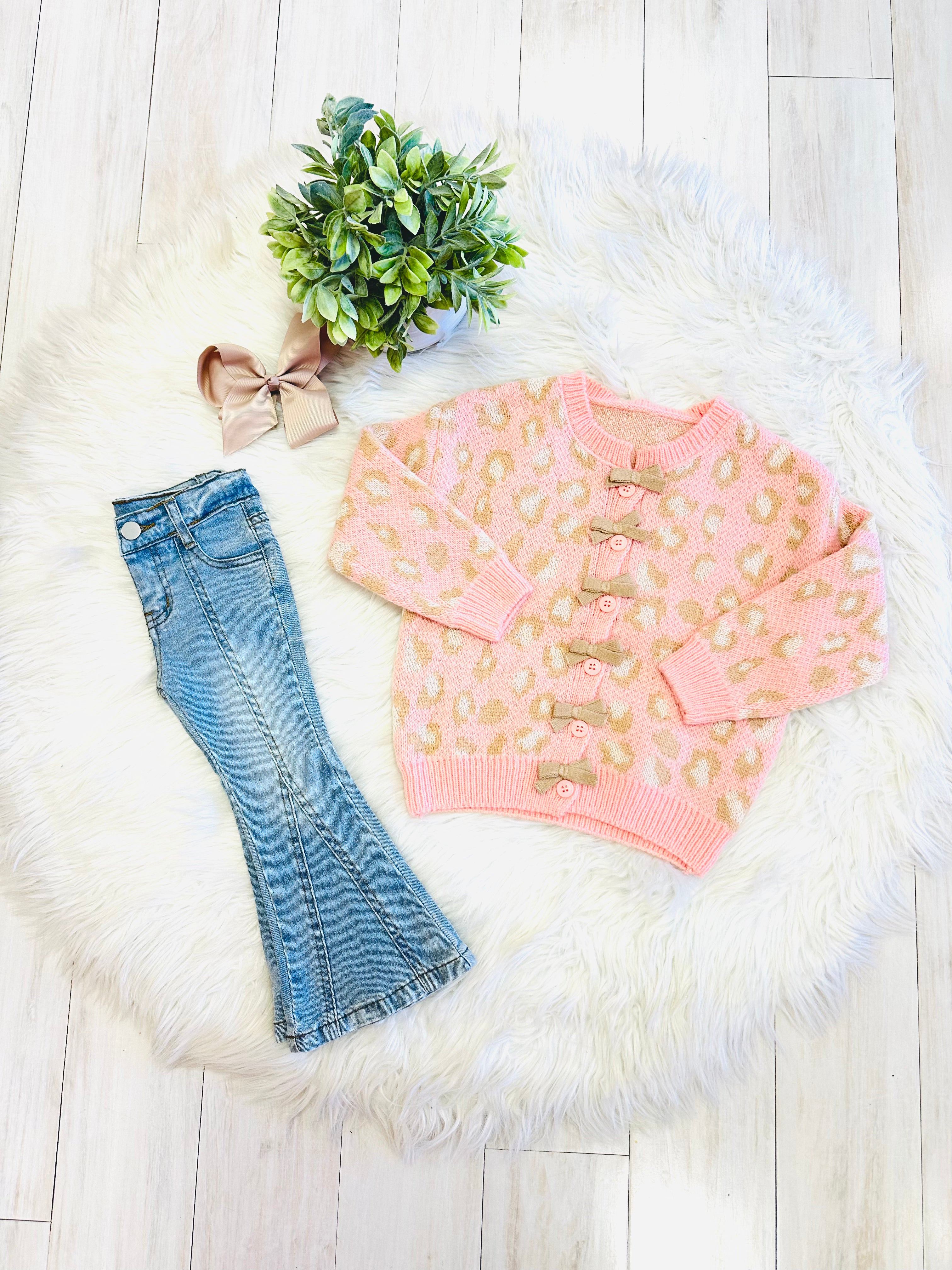 Girls Pink Cheetah & Tan Bow Cardigan