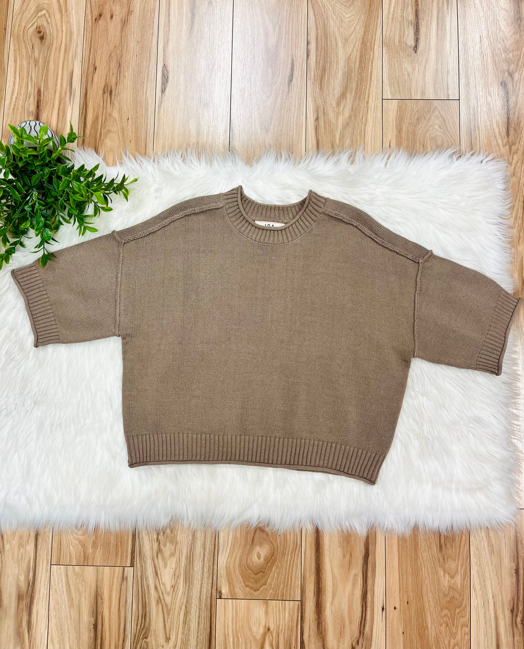 Women’s Taupe Exposed Seam Drop Shoulder Sweater Top by Blu Pepper- True to Size