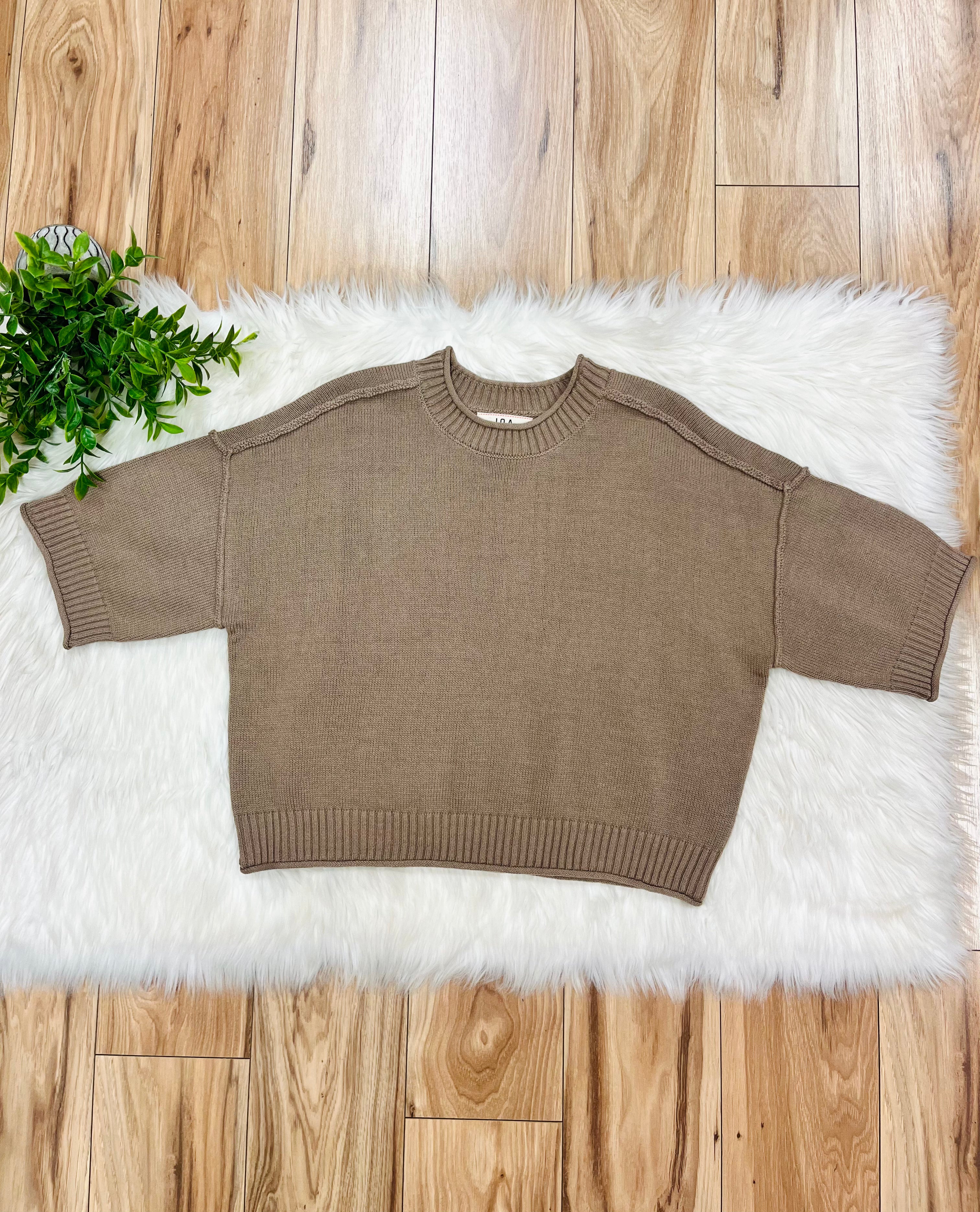 Women’s Taupe Exposed Seam Drop Shoulder Sweater Top by Blu Pepper- True to Size