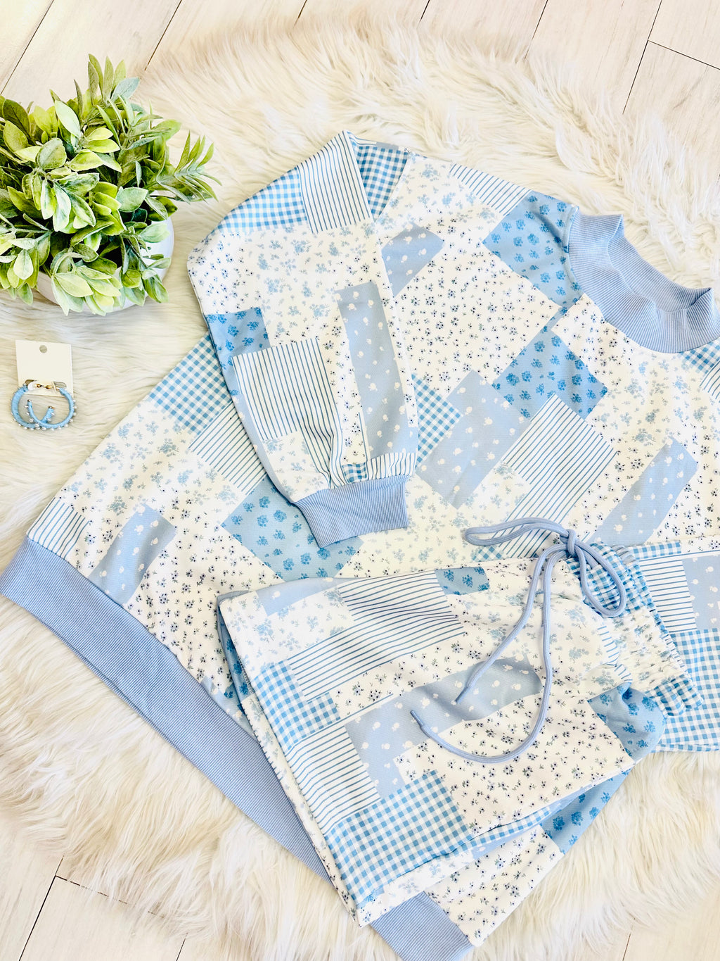 Women’s Blue Mixed Patchwork Short Set