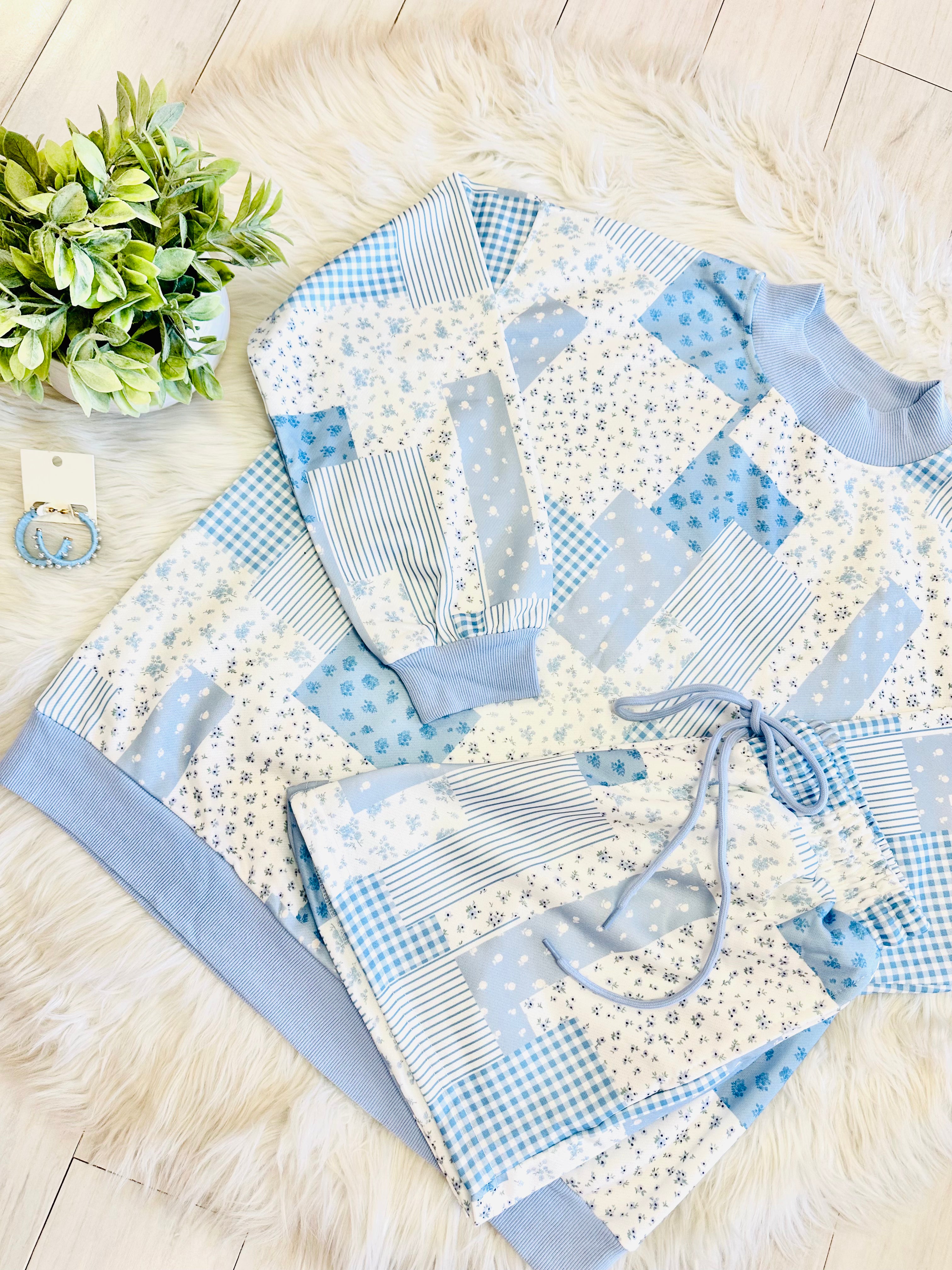 Women’s Blue Mixed Patchwork Short Set