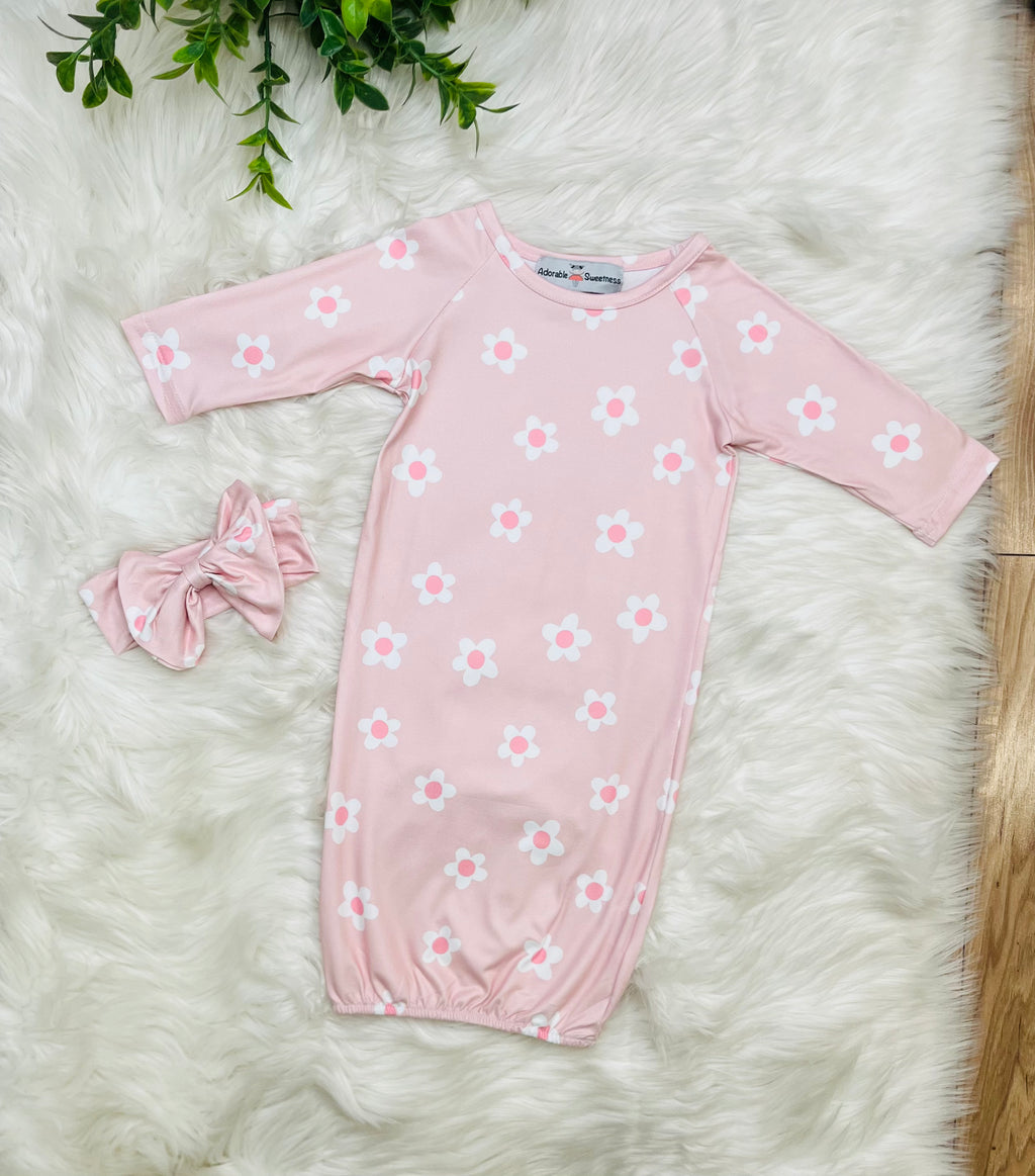 Girl’s Pink Flower Baby Gown With Headband