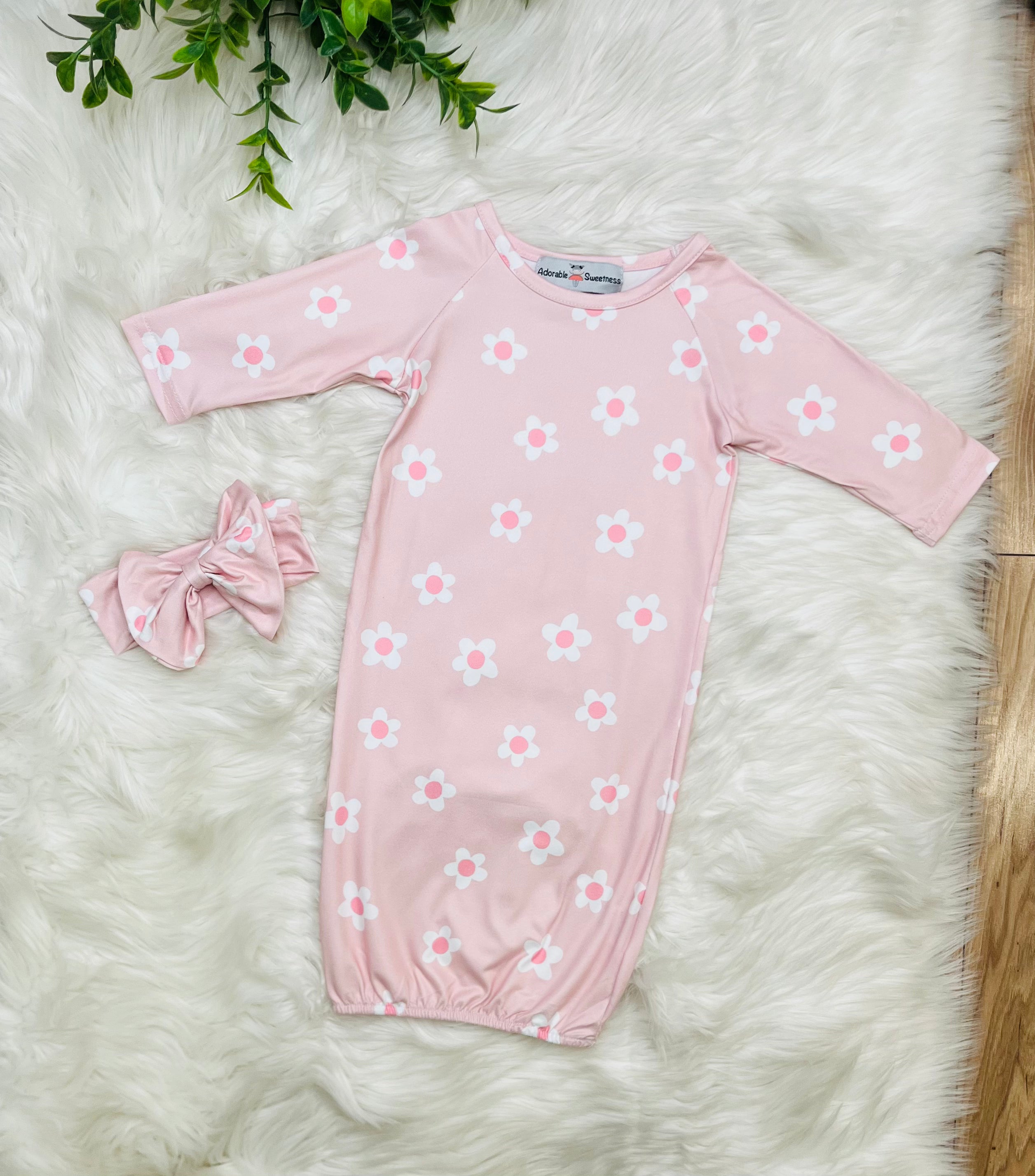 Girl’s Pink Flower Baby Gown With Headband