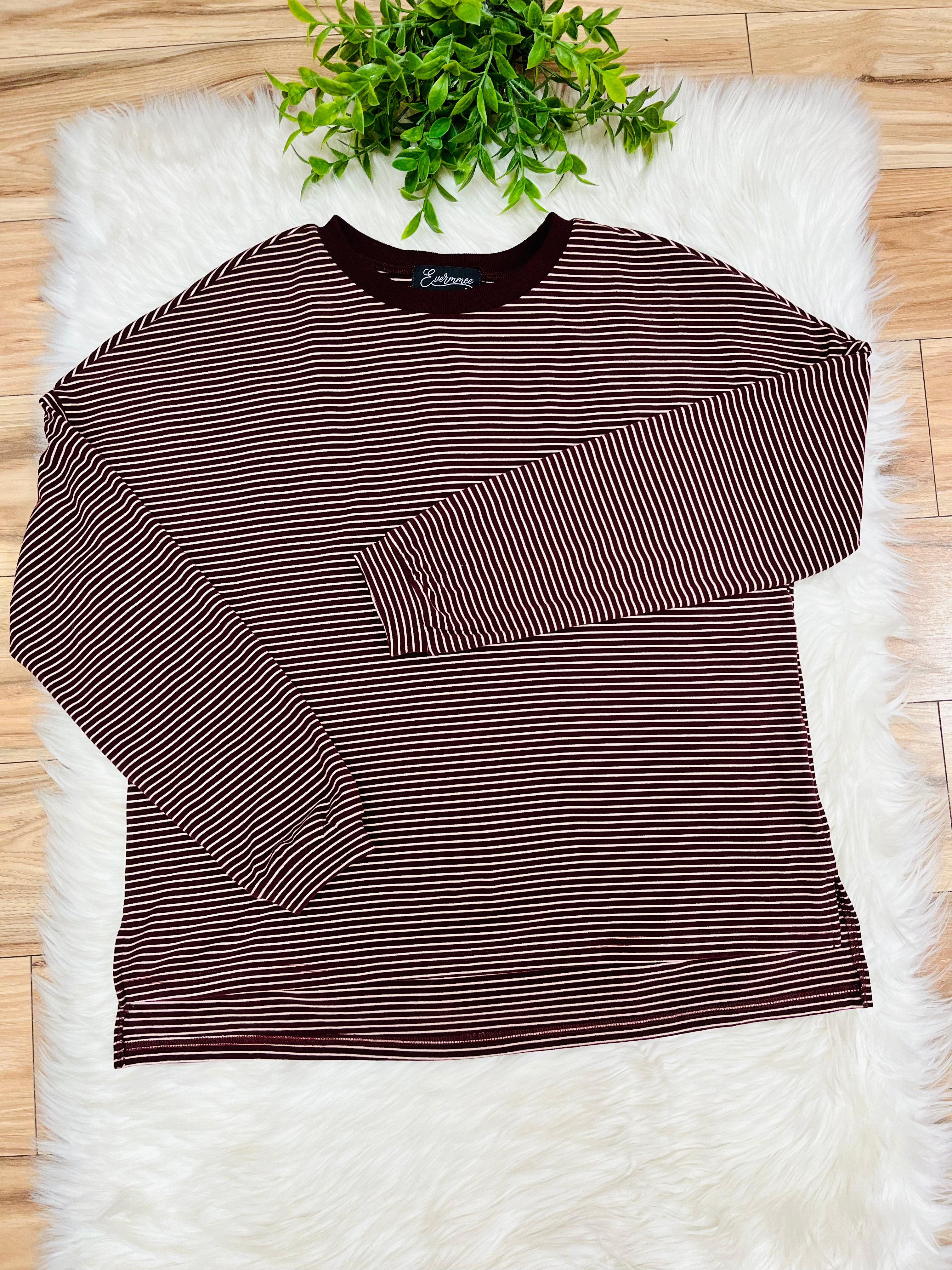 Women’s Evermmee Burgundy Stripe Pant Set- Loose Fit