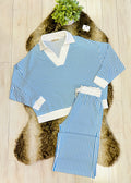 Women’s Zenana White & Light Blue Long Sleeve Stripped Set