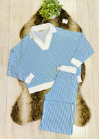 Women’s Zenana White & Light Blue Long Sleeve Stripped Set