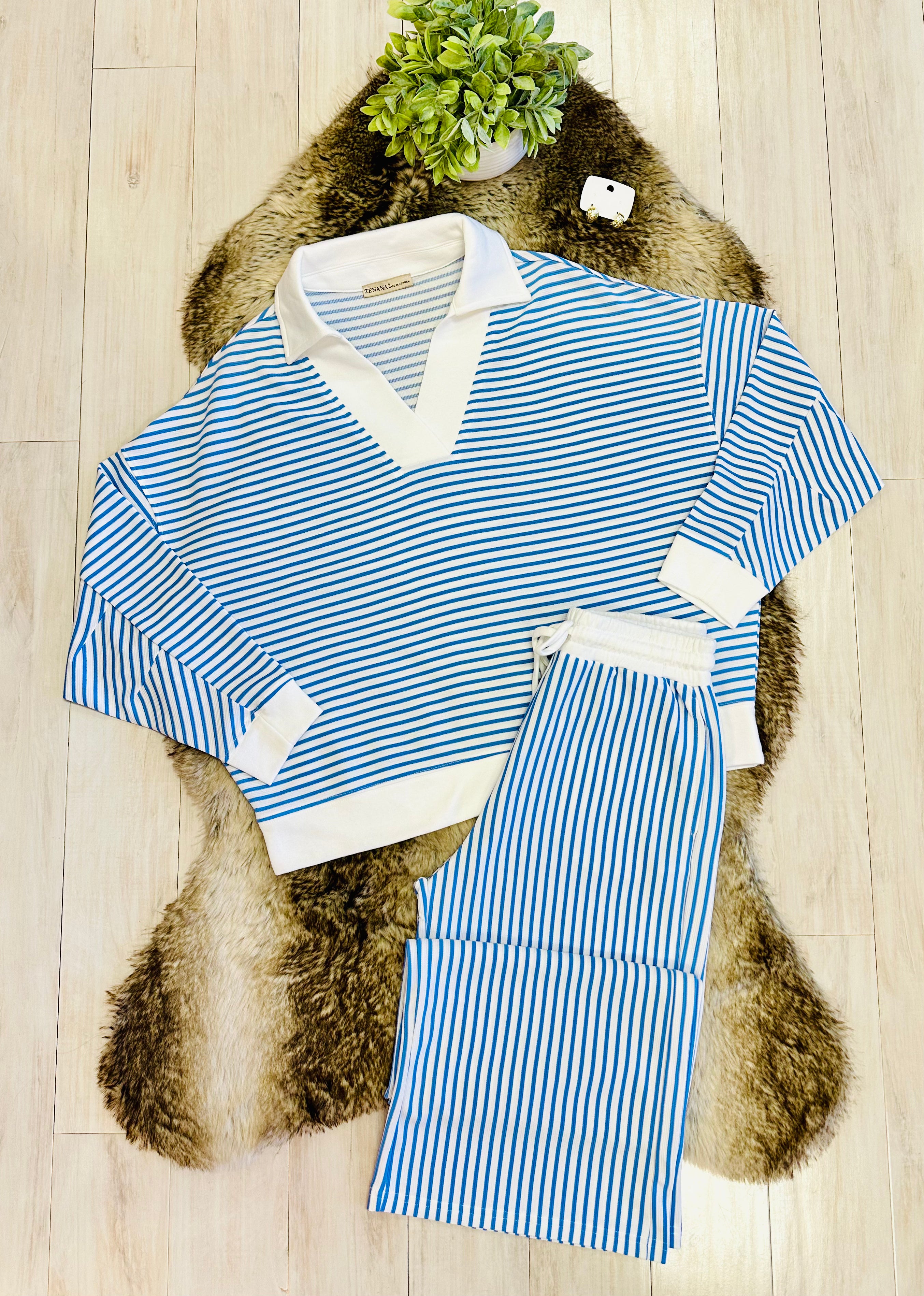 Women’s Zenana White & Light Blue Long Sleeve Stripped Set