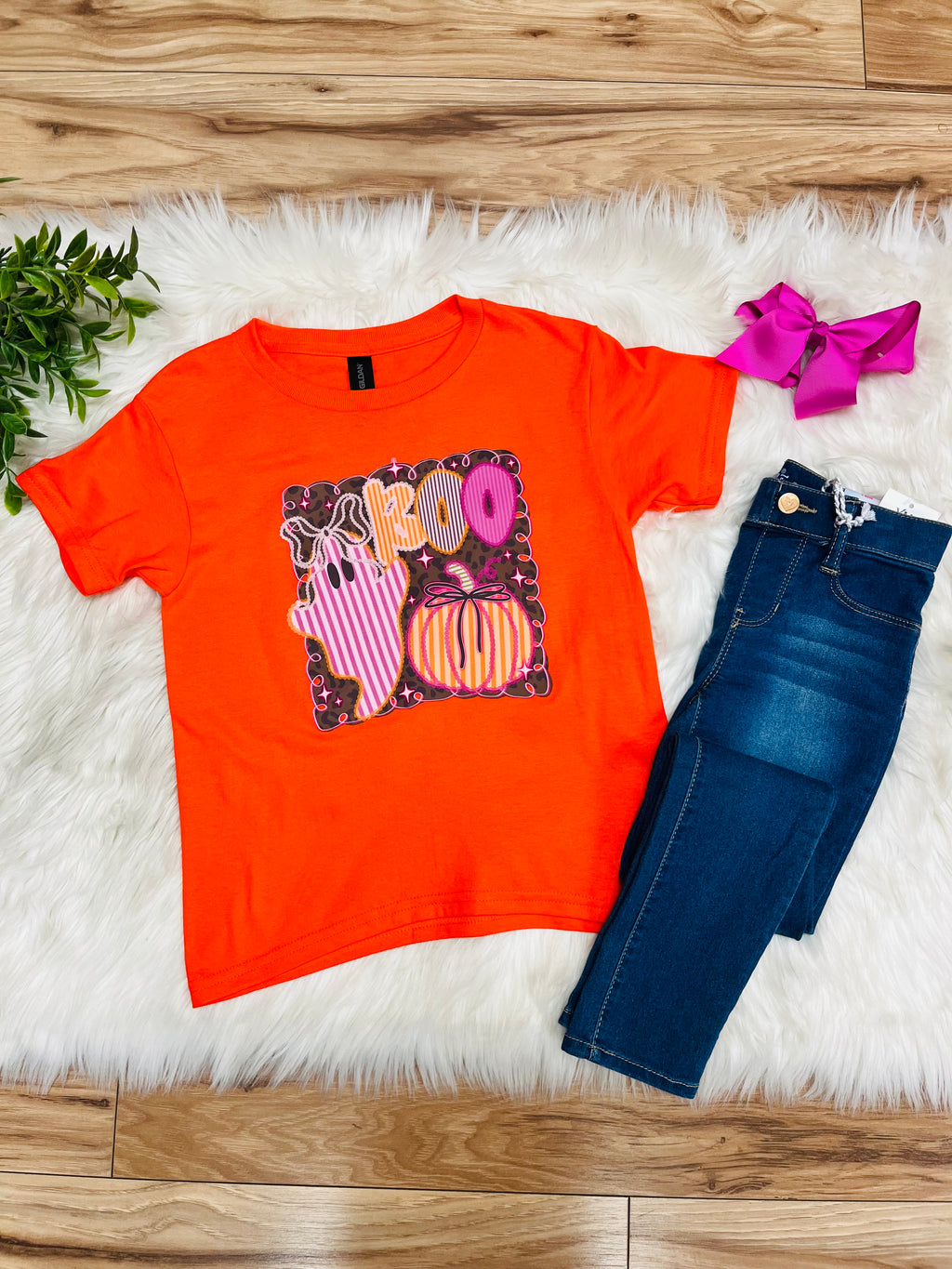 Girl’s Orange BOO Striped Halloween Tee